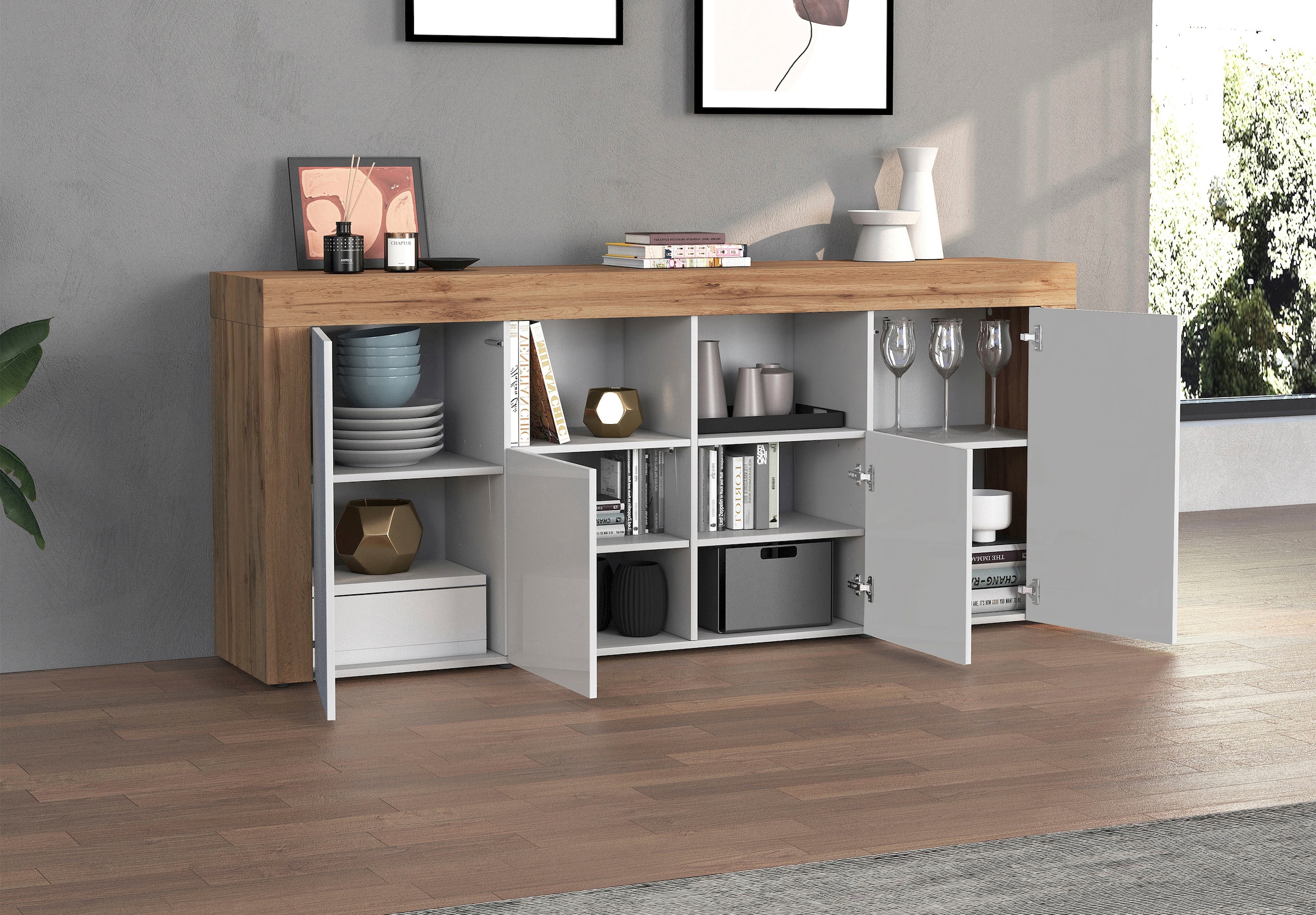 OTTO home Sideboard »CHRONOS Breite 200 cm  mit 4 Türen, 2 offene und 8 geschlossene Fächer« 1 Stk. tlg. Sideboard,Kommode, Schrank, Grifflos mit Push to Open, Made in Italy