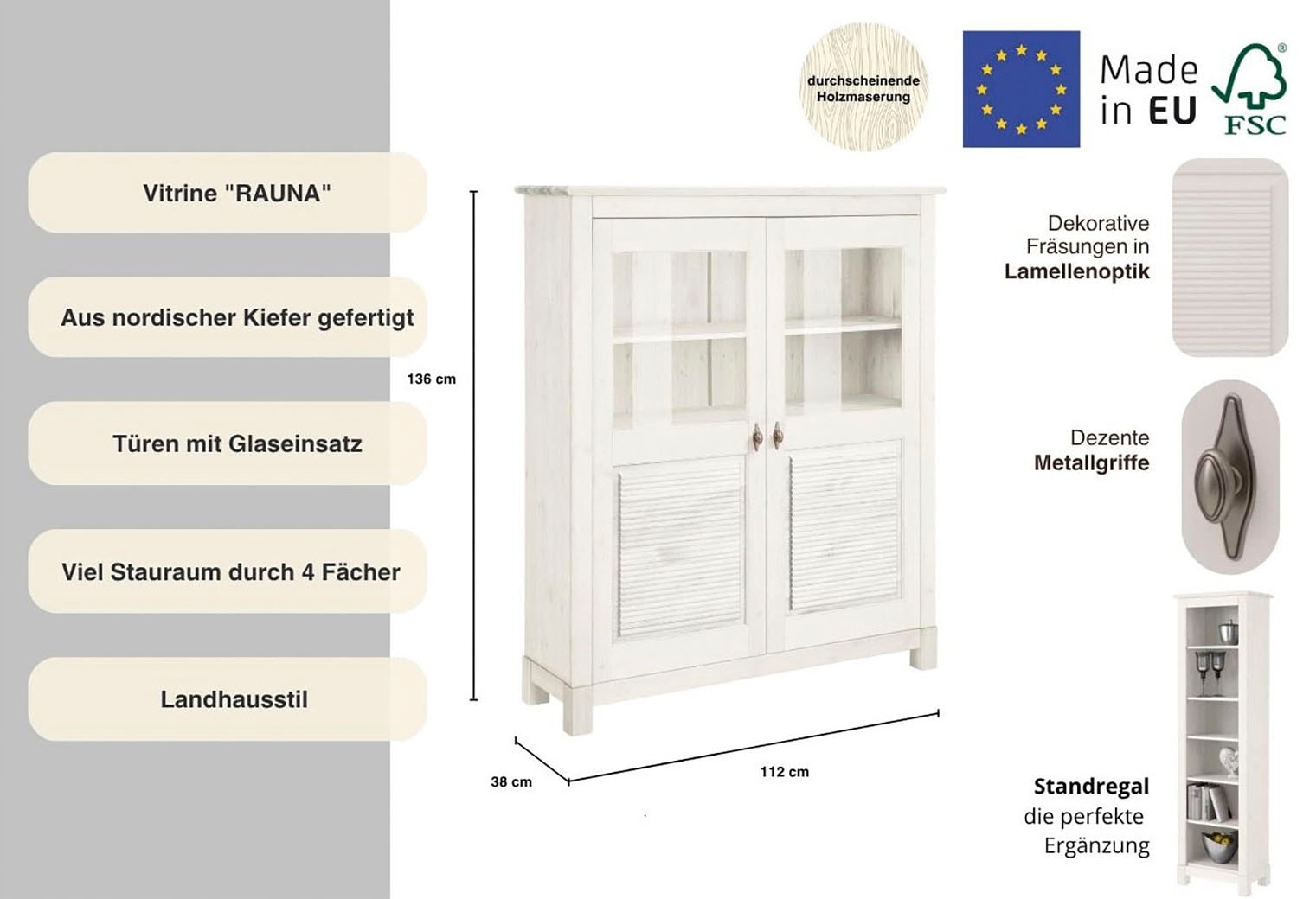 Home affaire Highboard »Rauna« Vitrine, Breite 111,6 cm, aus massiver Kiefer