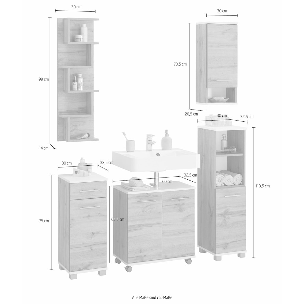 Schildmeyer Badmöbel-Set »Rhodos«, (Set, 5 St.), mit Metallgriffen, verstellbare Einlegeböden