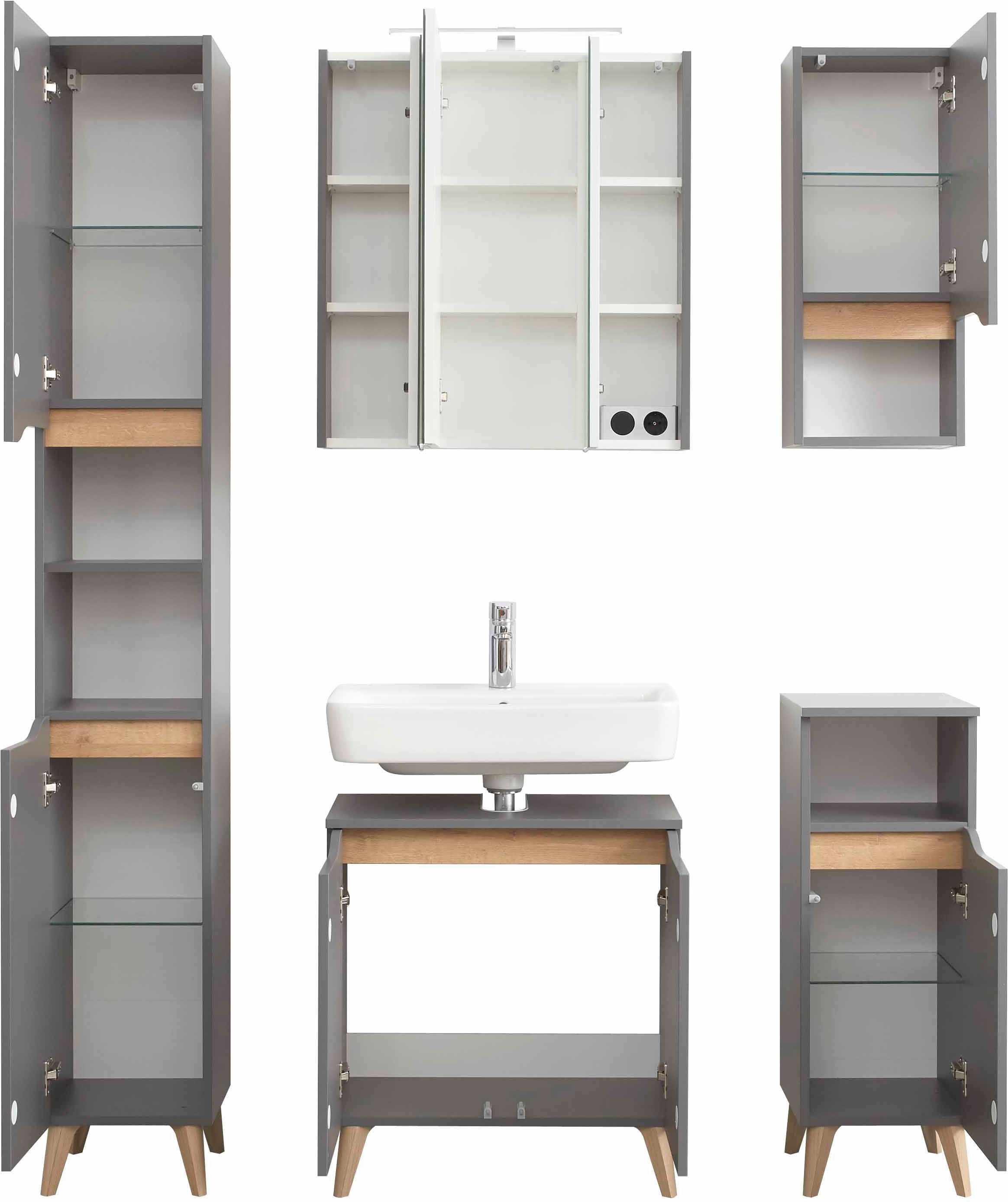 Saphir Badmöbel-Set »Quickset 5-teilig, Waschbeckenunterschrank mit LED-Spiegelschrank«, (5 St.), Hochschrank, Unterschrank, Hängeschrank, inkl. Türdämpfer, 9 Türen