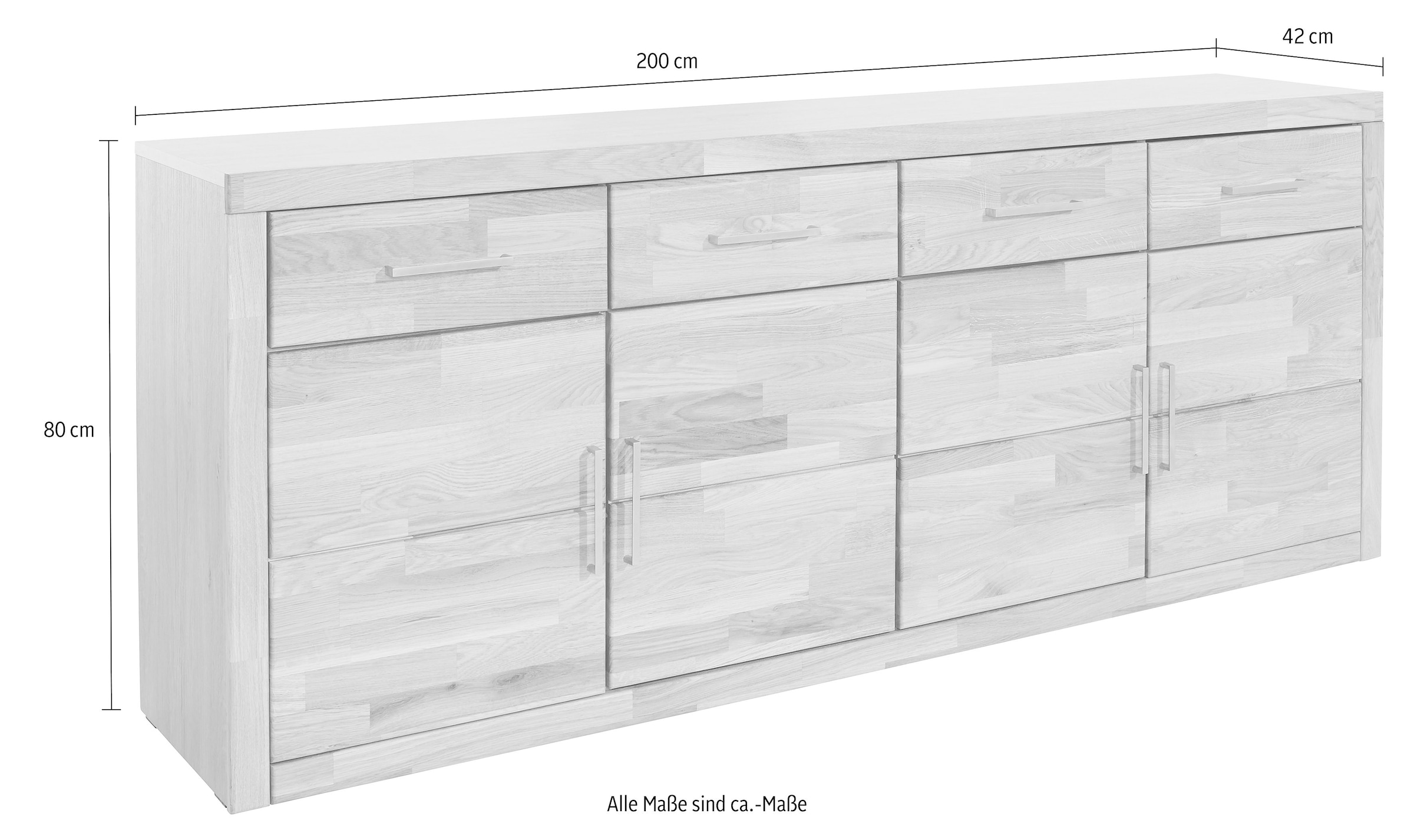 Home affaire Sideboard »Trondheim,200 cm breit,42 cm tief, Fronten Holzmassiv, Metallgriffe«, Korpus aus Holzwerkstoff,4 Türen, 4 Schubladen, insgesamt 8 Fächer