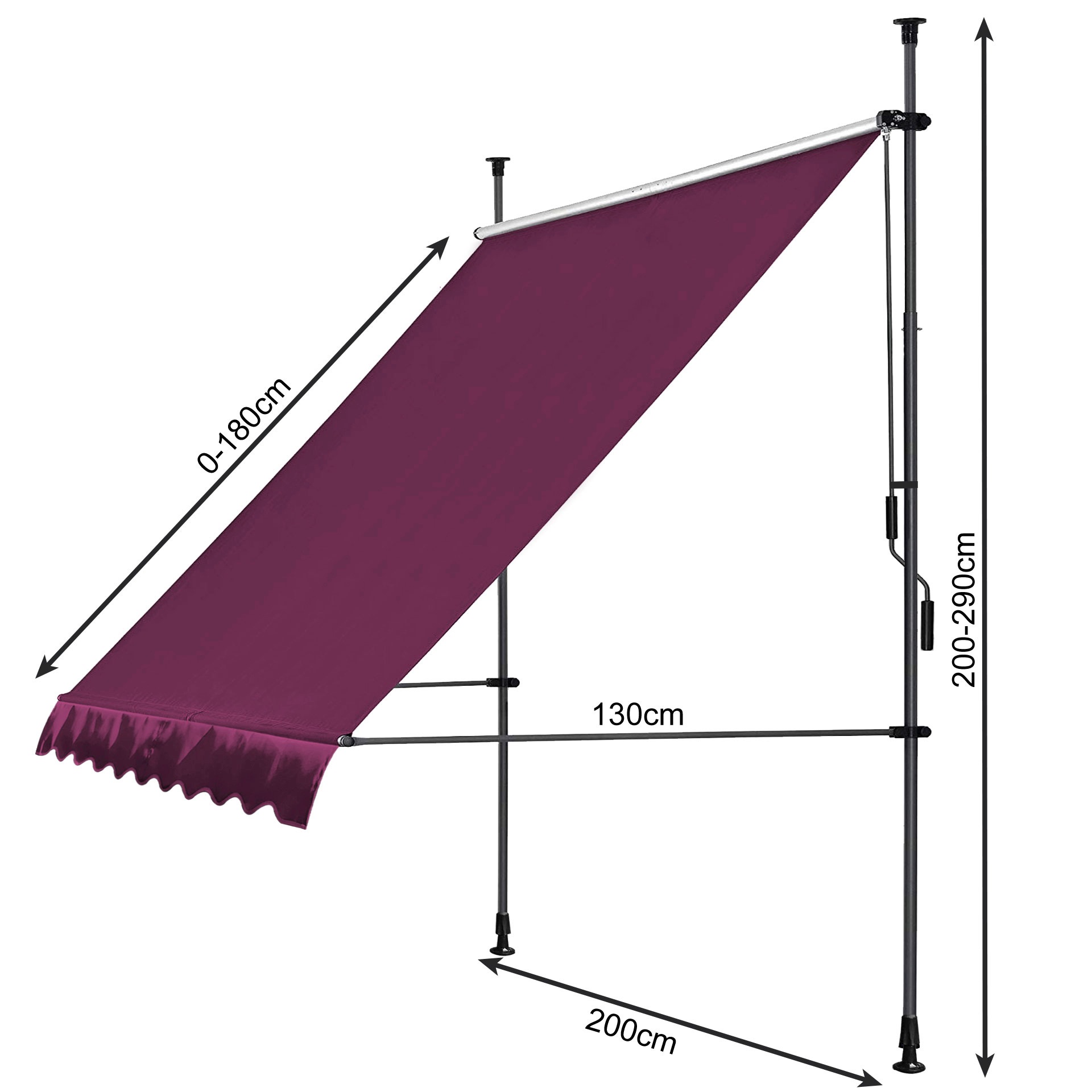 Quick Star Klemm-Senkrechtmarkise, 200 cm Breite, 130 cm Ausfall, Neigungswinkel verstellbar