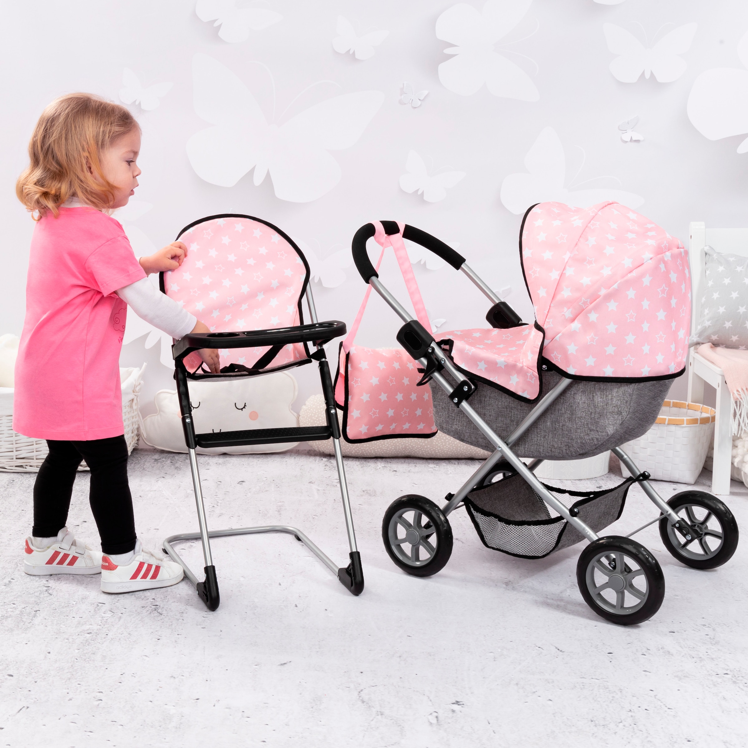 Bayer Puppenwagen »Cosy Set, rosa«, mit Puppenhochstuhl und Wickeltasche