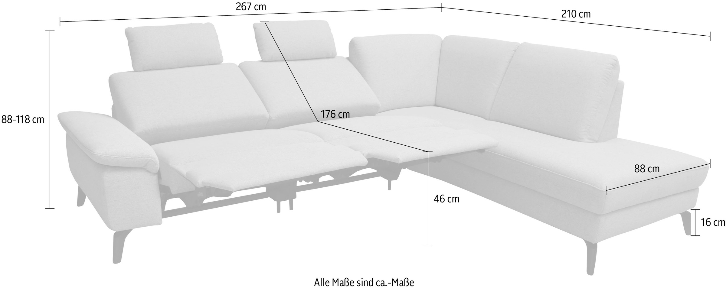 alina Ecksofa, inkl. Kopfstützen, wahlweise mit Relaxfunktion, Breite: 267 cm