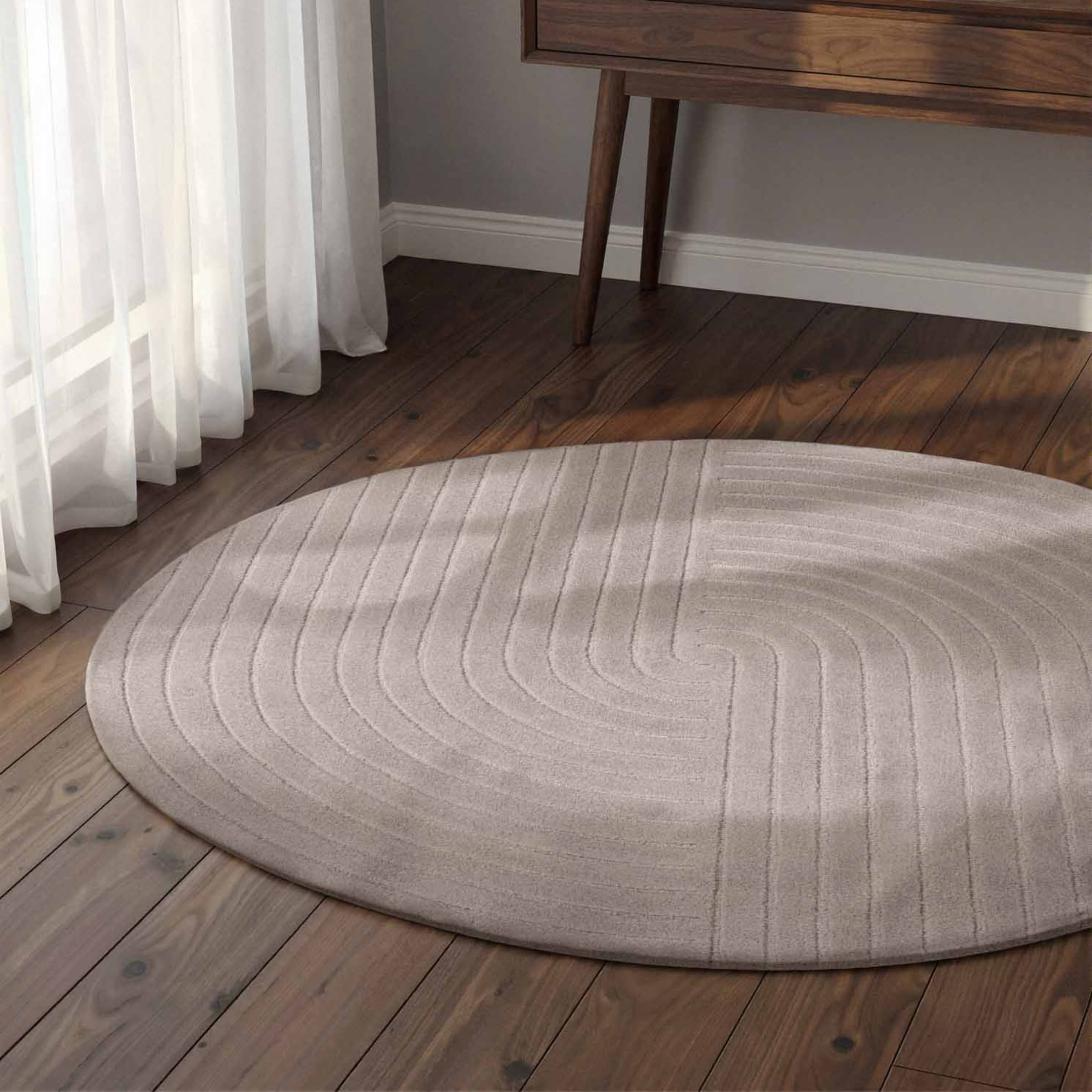 vikosa Wollteppich »Arcura« rund 15 mm Höhe Wolle Handgemacht, Hoch-Tief-Effekt, Geometrisches Linien Wellendesign