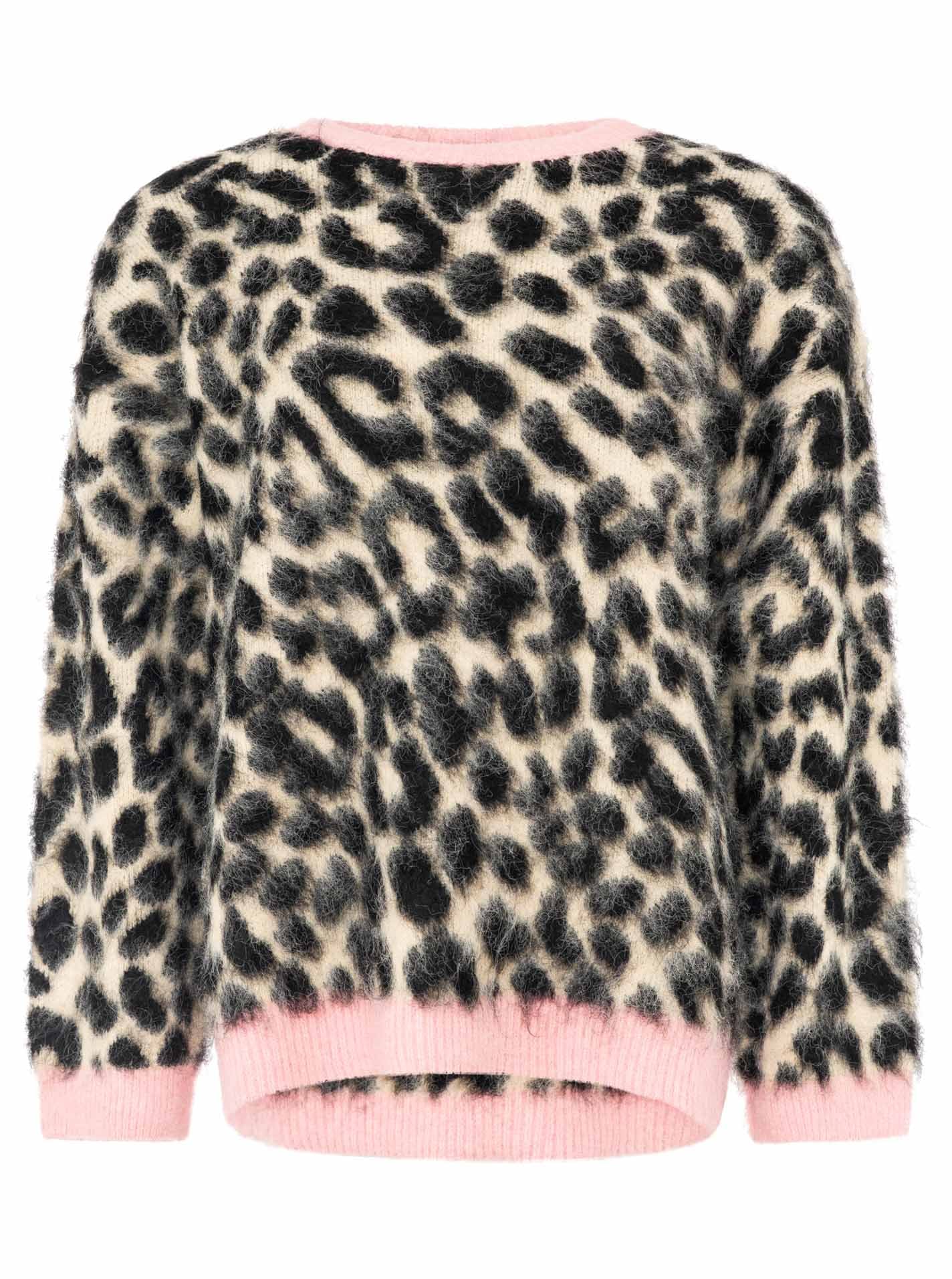 Zwillingsherz Strickpullover »"Fluffy Leo"« Rundhals, Leopardmuster, pinke Bündchen, oversize, Strick