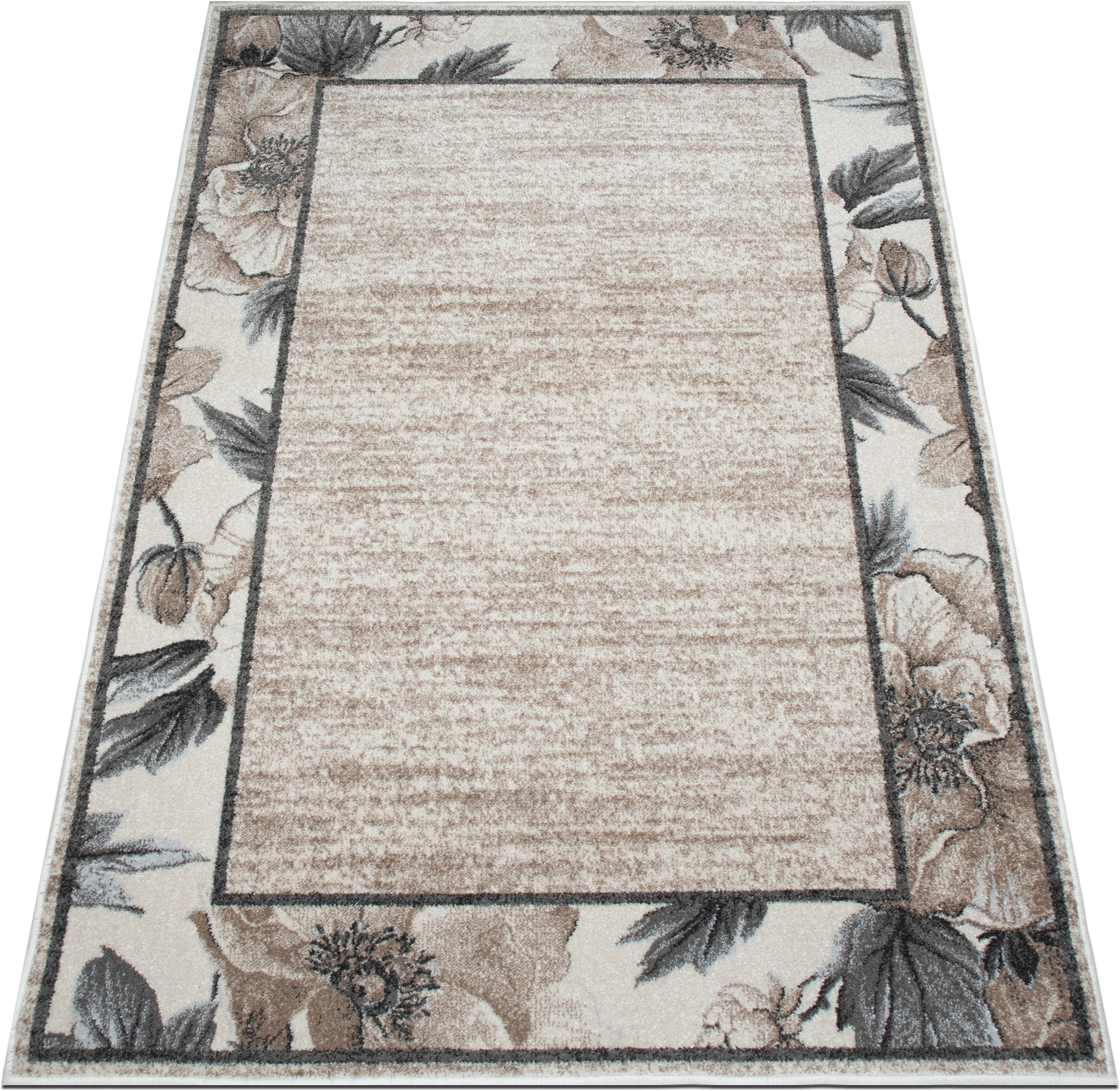 OTTO home Teppich »Florent mit Rahmen, Blumen Design« rechteckig 9 mm Höhe Floral, detailreiche Blüten, meliert, elegant, Wohnzimmer