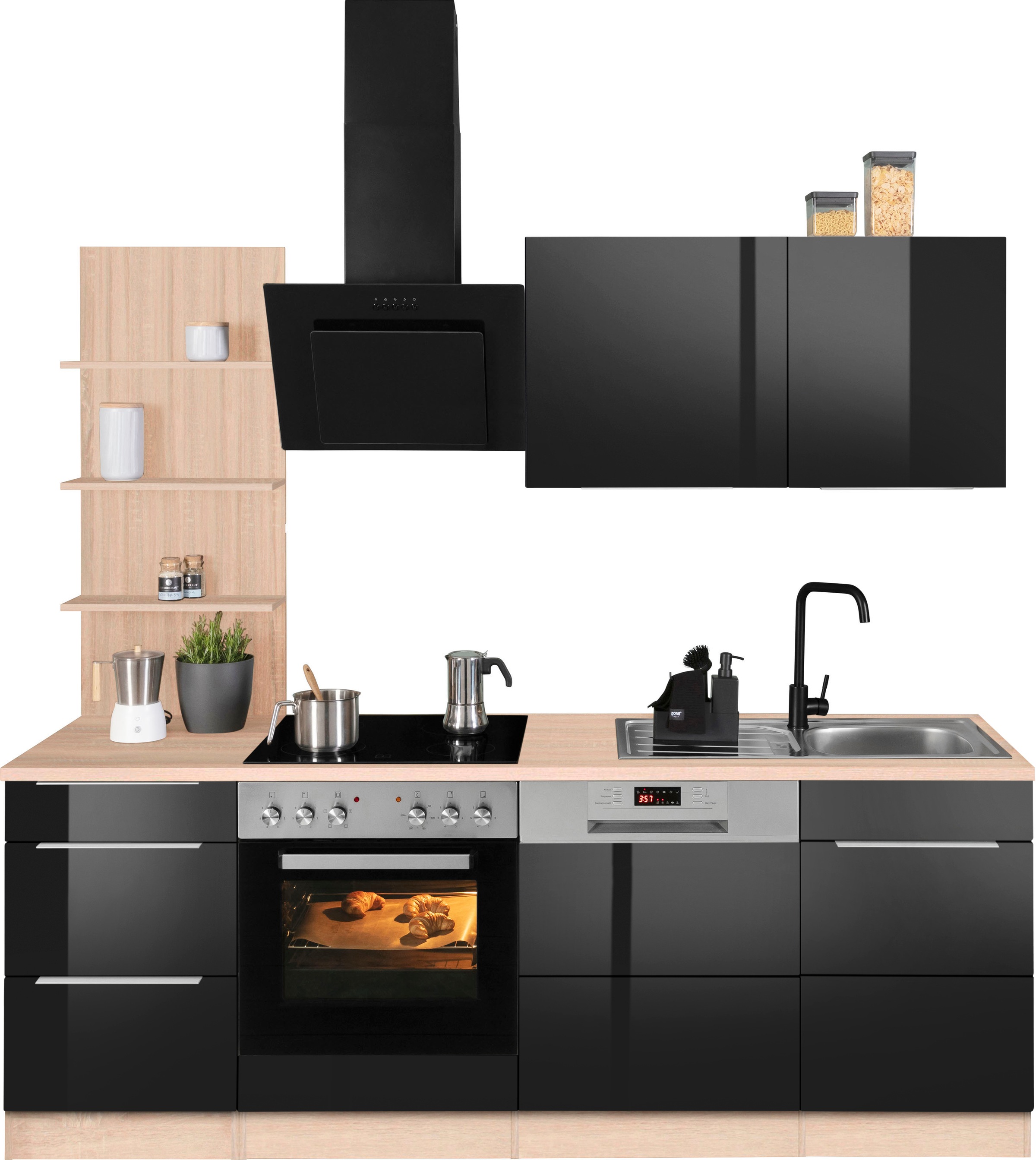 KOCHSTATION Küchenzeile "KS-Brindisi" Breite 220 cm, wahlweise mit E-Geräten, mit MDF-Fronten und Regal