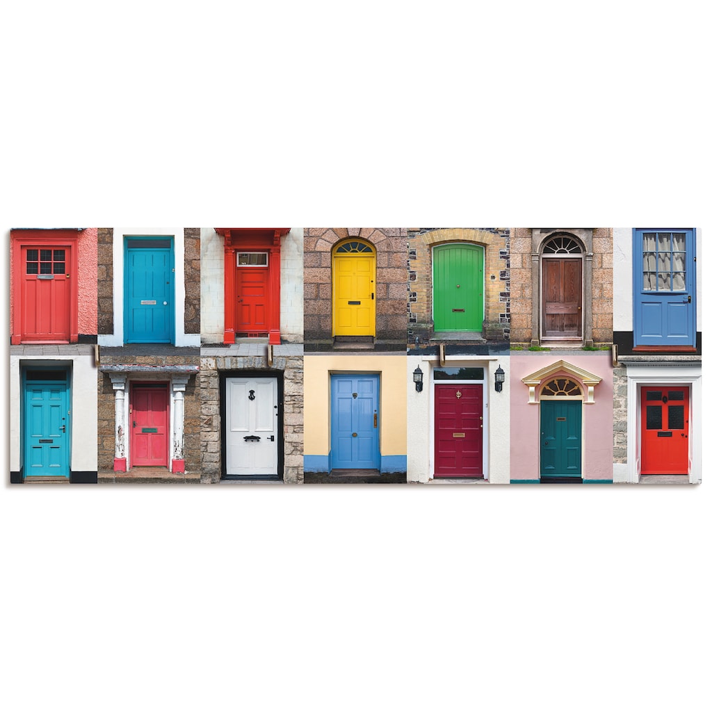 Artland Hakenleiste »Fotocollage von 32 bunten Haustüren«, aus Holz mit 4 Schlüsselhaken – Schlüsselboard, Schlüsselbretter, Schlüsselhalter, Schlüsselaufhänger für den Flur – Stil: Modern