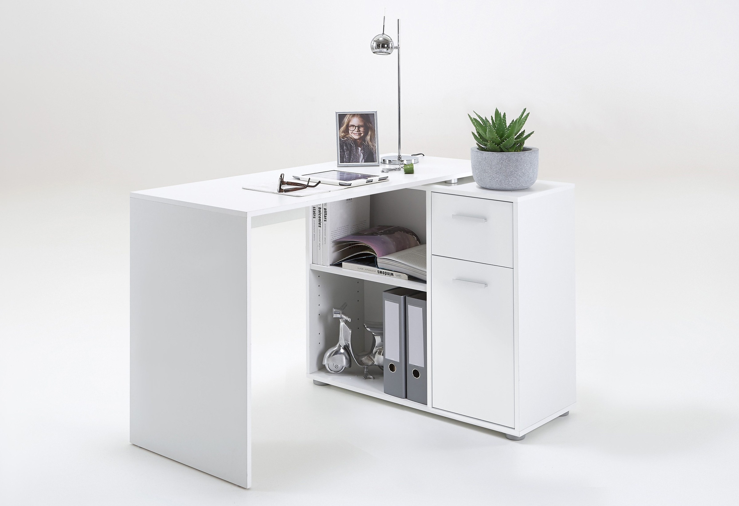 FMD Eckschreibtisch "AUGSBURG" Schreibtisch/ Sideboard m. Stauraum, beids. montierb., 117 oder 148 cm