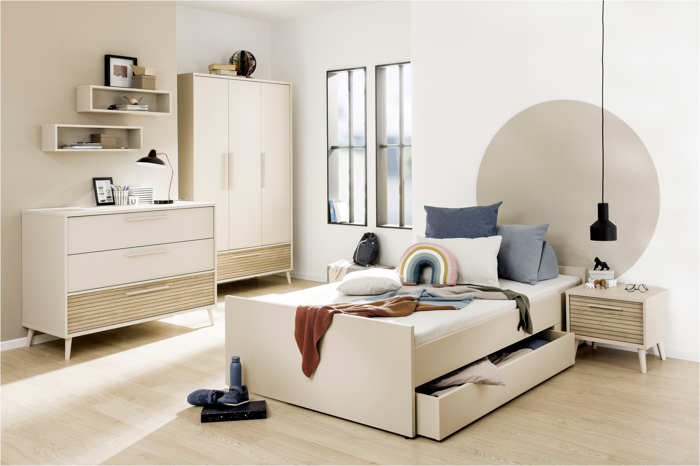 PAIDI Nachtkommode »EEFJE, Nachttisch in modernem Design, Cashmere-Beige mit Groovy-Oak«, (B/H/T ca. 48x43x41cm), mit Schublade