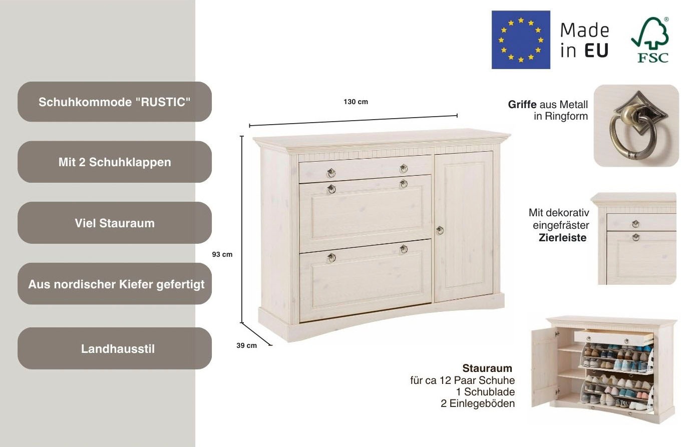 Home affaire Schuhkommode »Rustic«, aus massiver Kiefer, Breite 130 cm, FSC®-zertifiziert