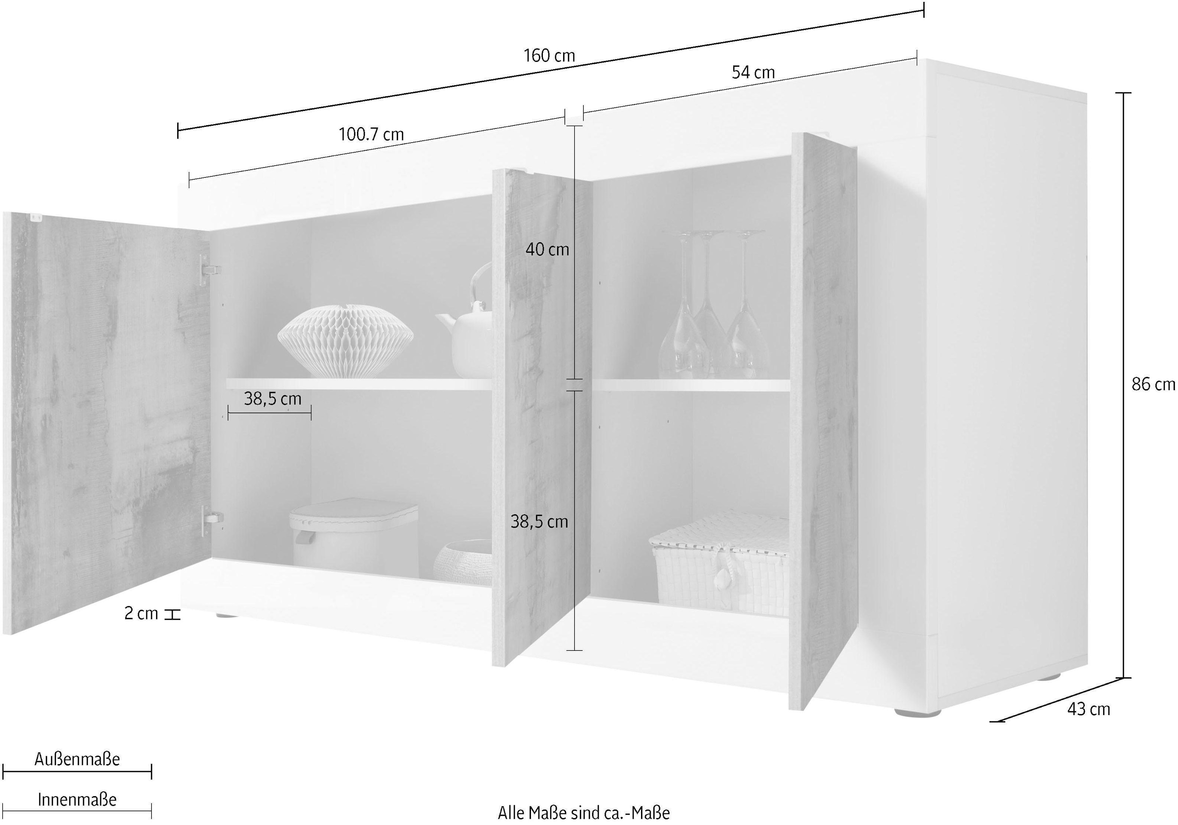 INOSIGN Sideboard »Basic Breite 160 cm, Kommode 3 Türen, Anrichte,«, Metallgriff, moderne Rahmenoptik, viel Stauraum, Farbauswahl