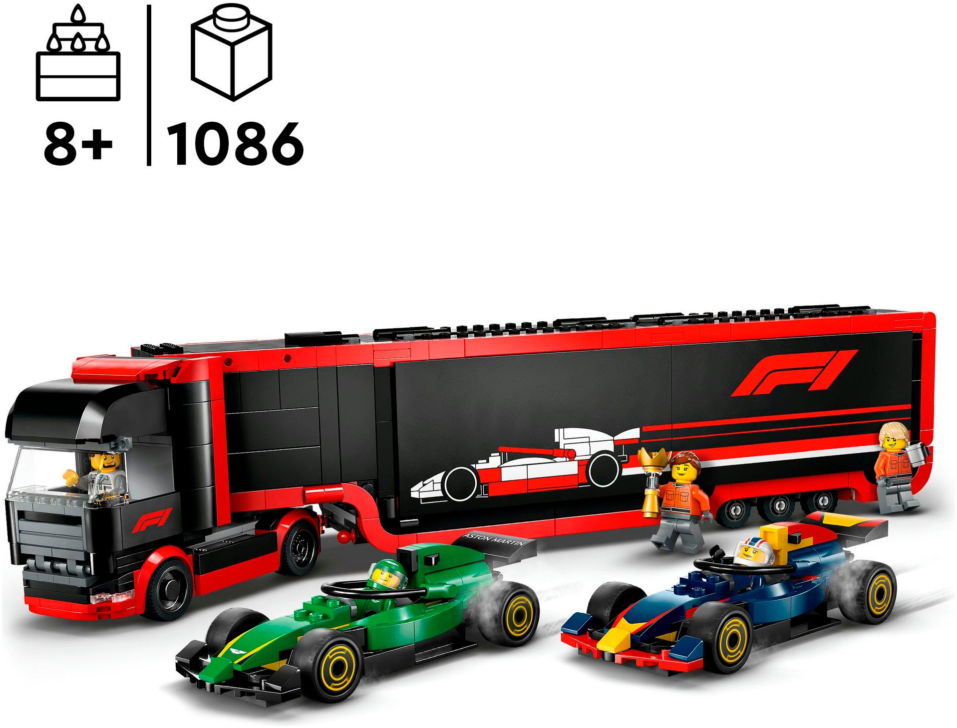 LEGO® Konstruktionsspielsteine »F1® Transporter mit RB20 & AMR24 F1® Rennautos (60445), LEGO City«, (1086 St.), Made in Europe