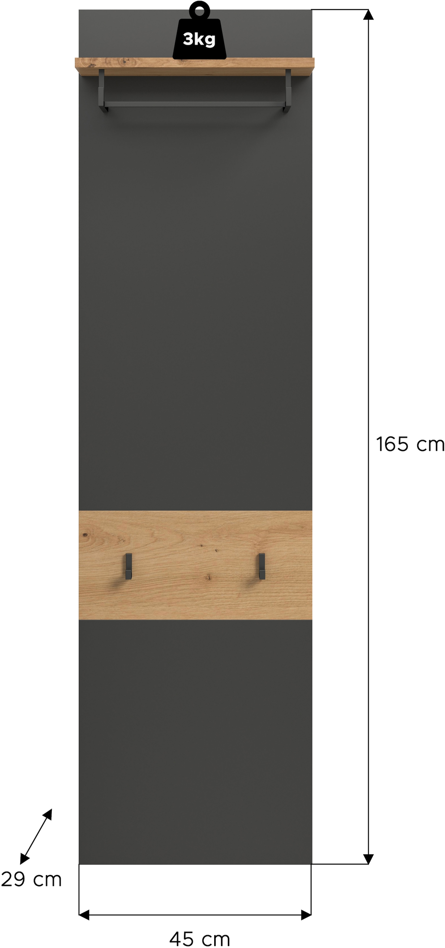 Home affaire Garderobenpaneel »REHAT, TOPSELLER!, Höhe 165 cm, Hutablage, 2 Haken, Garderobenstange« in verschiedenen Farben erhältlich, 1 Stk. tlg. Paneel, Wandboard, Garderobe, Garderobenleiste, Garderobenboard