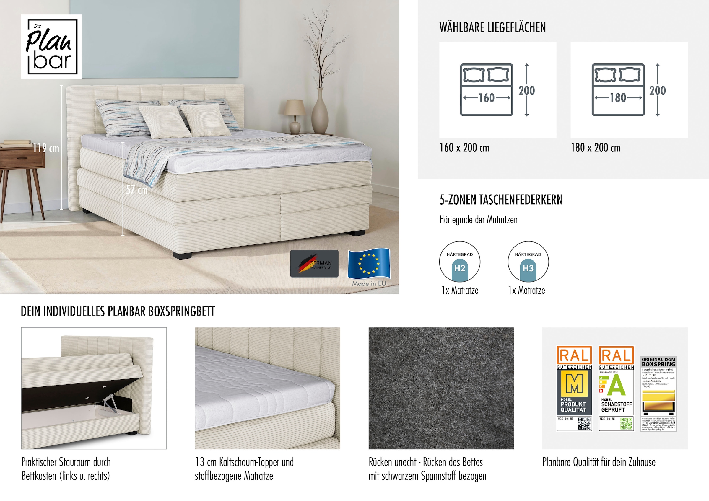Die PlanBar Boxspringbett »OC-ON21088« inkl. Matratzen u. Bonellfederkern Unterbau, Stauraum, 160/180x200cm