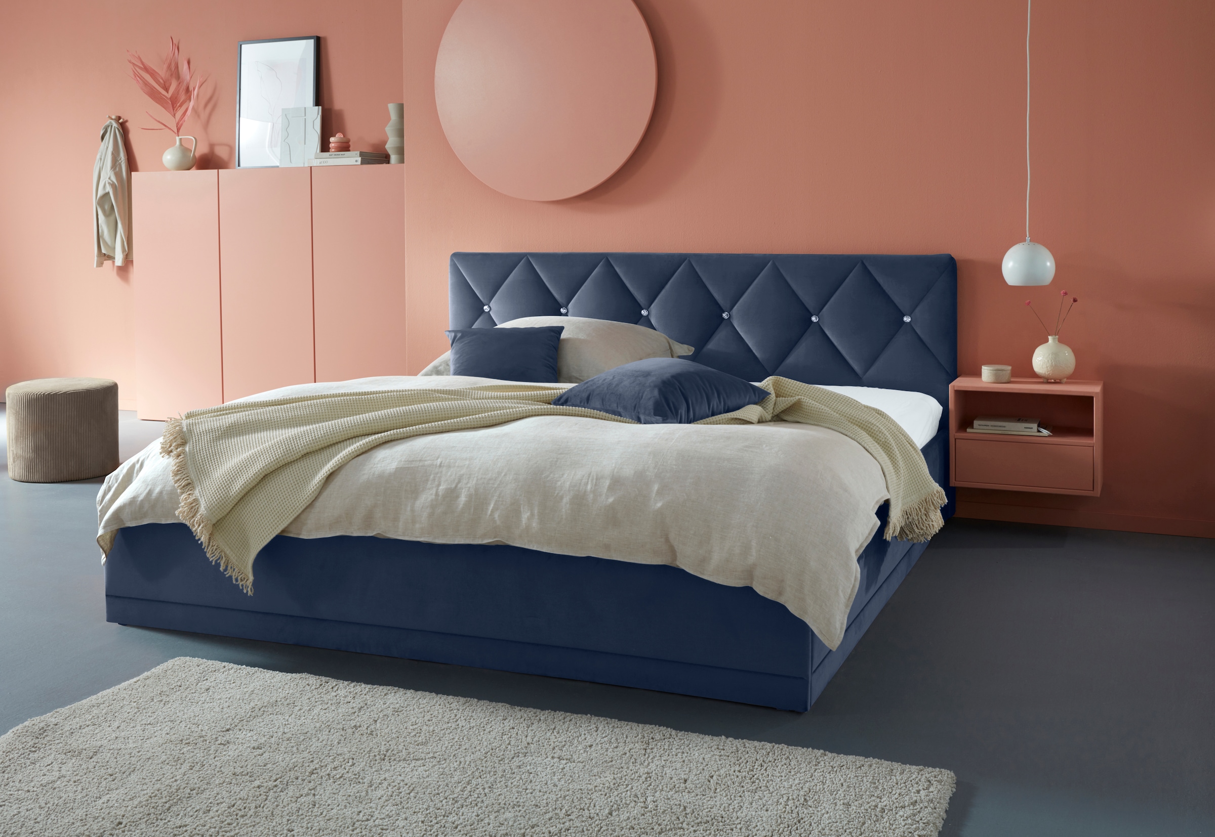 Westfalia Schlafkomfort, Polsterbett »Adamas« auch mit Bettkasten, Knopfheftung mit Strasssteinen, königsblau, Bezug: 100% Polyester, Polsterung: 