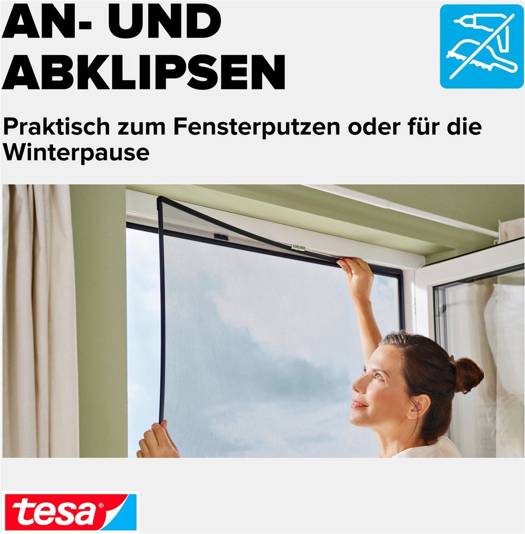 tesa Insektenschutz-Fensterrahmen »Anklips-Rahmen Fliegengitter für Fenster, Anthrazit (Durchsichtig)« Packung, inkl. Fiberglas-Netz in Anthrazit, Rahmen und Halteklip-Lösung, 1 Stk. tlg. INSECT STOP Netz aus Fiberglas, selbstklebende Halte-Klips