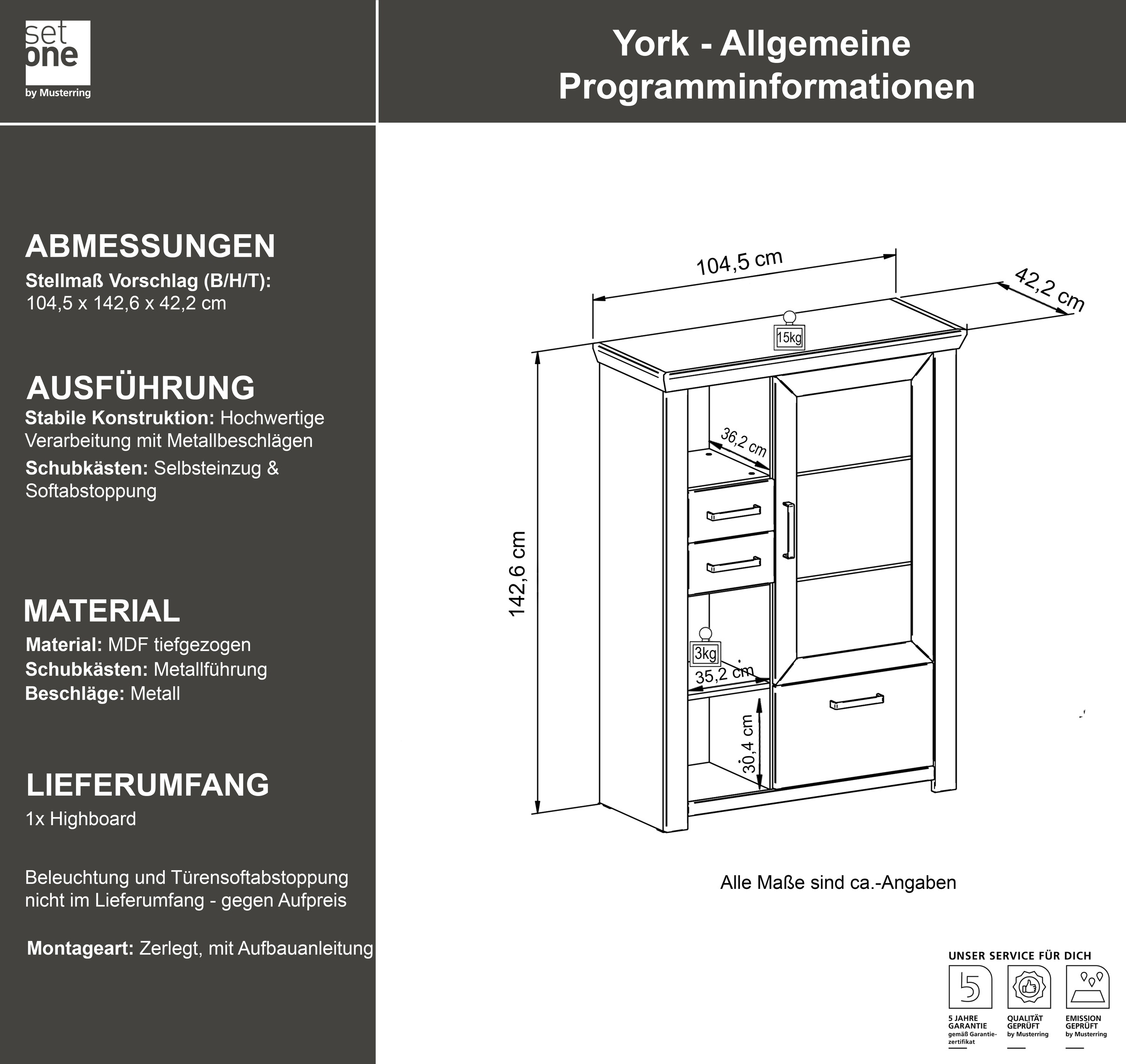set one by Musterring Highboard »York«, Typ 25 und 26, in 3 Farbvarianten, Beleuchtung optional, Breite 105 cm