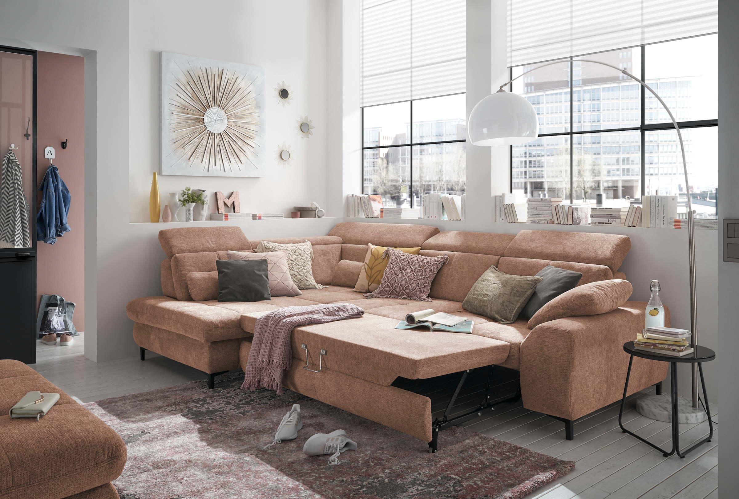 set one by Musterring Ecksofa »SO 3400 Sitzhöhe 47cm oder 49cm, Sitztiefe verstellbar, B/T 317/220 cm«, Kaltschaumpolsterung, Flachgewebe, whlw. mit Funktionen, Sitzhöhe 47