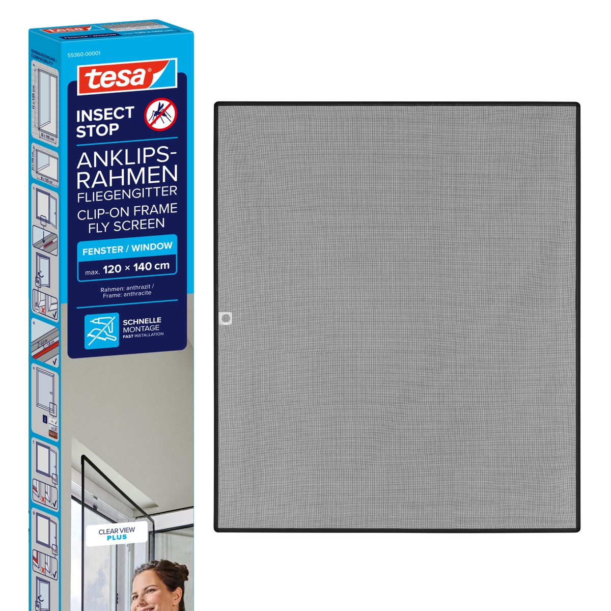tesa Insektenschutz-Fensterrahmen »Anklips-Rahmen Fliegengitter für Fenster, Anthrazit (Durchsichtig)« Packung, inkl. Fiberglas-Netz in Anthrazit, Rahmen und Halteklip-Lösung, 1 Stk. tlg. INSECT STOP Netz aus Fiberglas, selbstklebende Halte-Klips