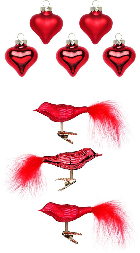 MAGIC by Inge Christbaumschmuck »Glasornament Rot, Herz und Vogel«, (Set, 8 tlg.), Weihnachtsdeko, Weihnachtsbaumschmuck aus Echtglas