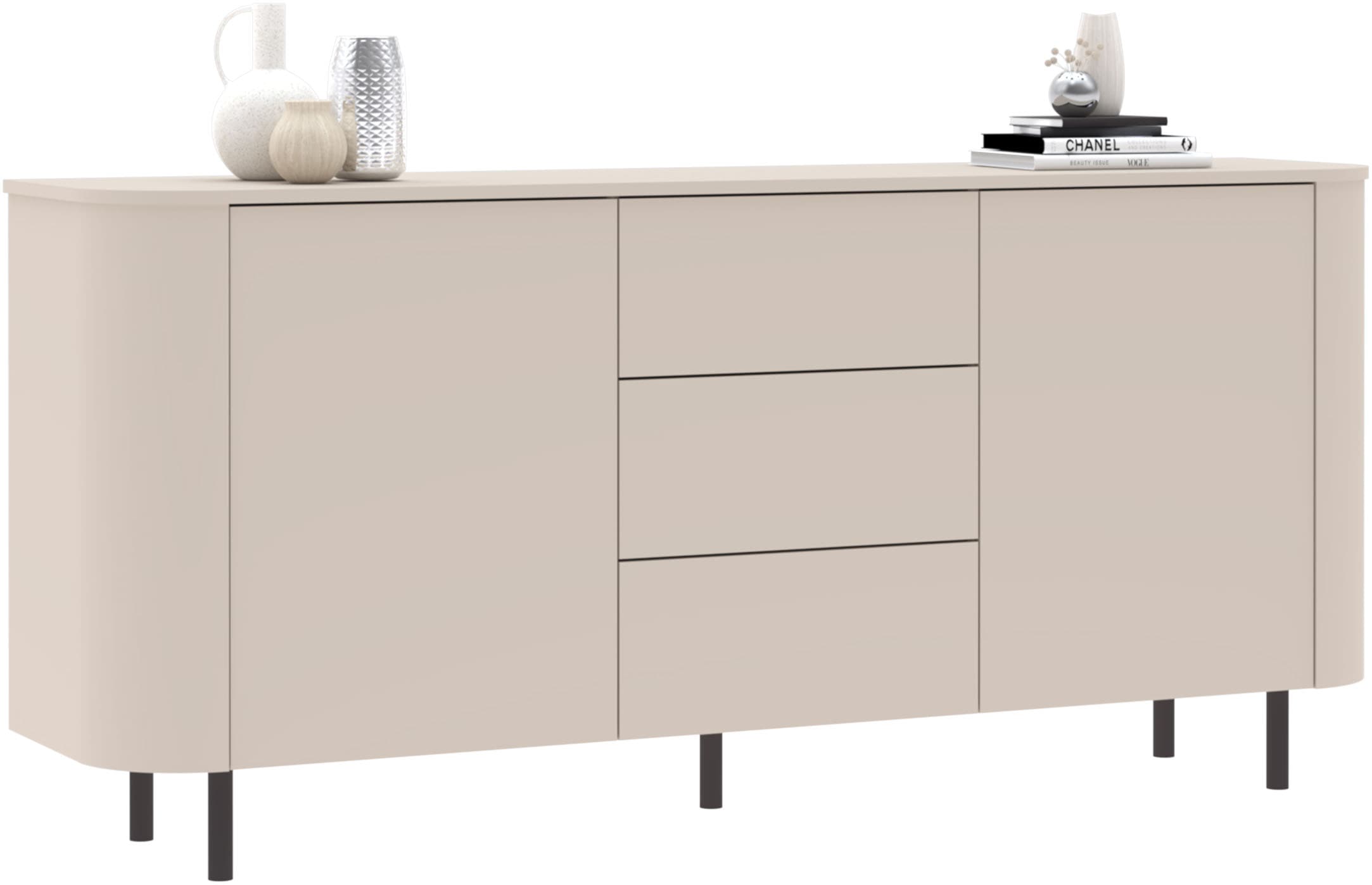 OTTO home Sideboard »Lido, 181 cm breit, 2 Türen, 3 Schubkästen, Kommode, Stauraumschrank« Formgebogenes MDF, Stirnseiten mit Rundung, Push-to-open, Metallfüße
