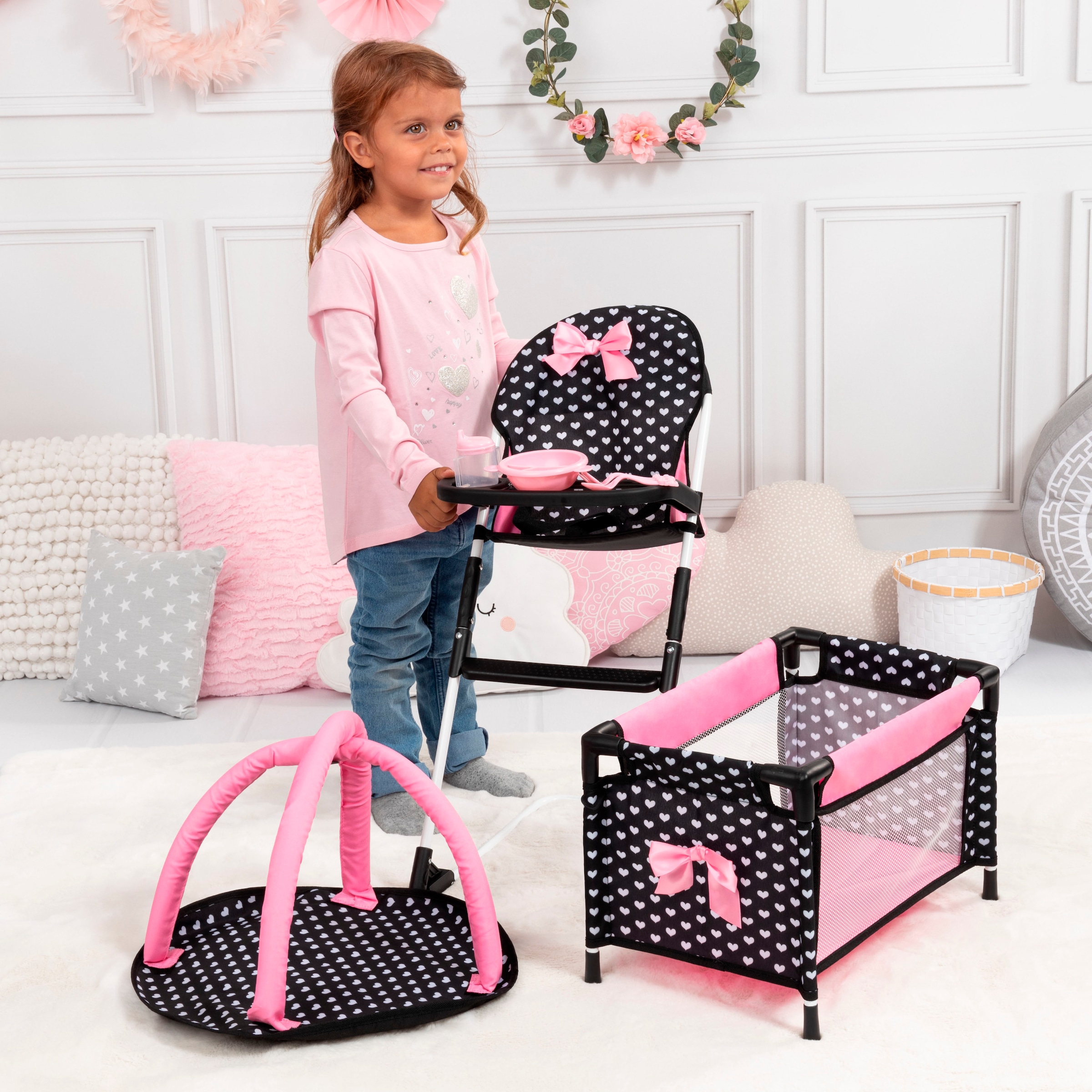 Bayer Puppenmöbel »Puppen-Reisebett und Hochstuhl schwarz«, (Set), mit Hochstuhl, Spielbogen und Zubehör für die Puppenpflege
