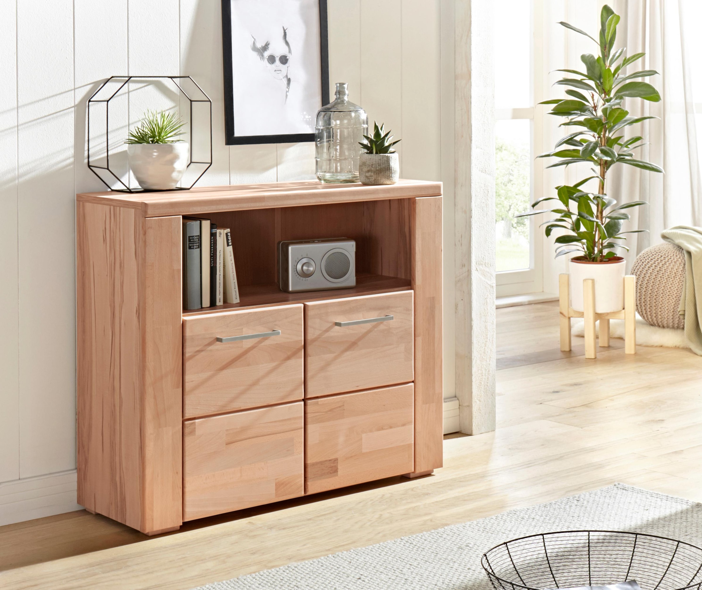 OTTO home Kommode "Celle, 90cm breit, 35cm tief, Fronten Massivholz" Holz massiv, Holzwerkstoff, Metall Griffe,3 breite Fächer