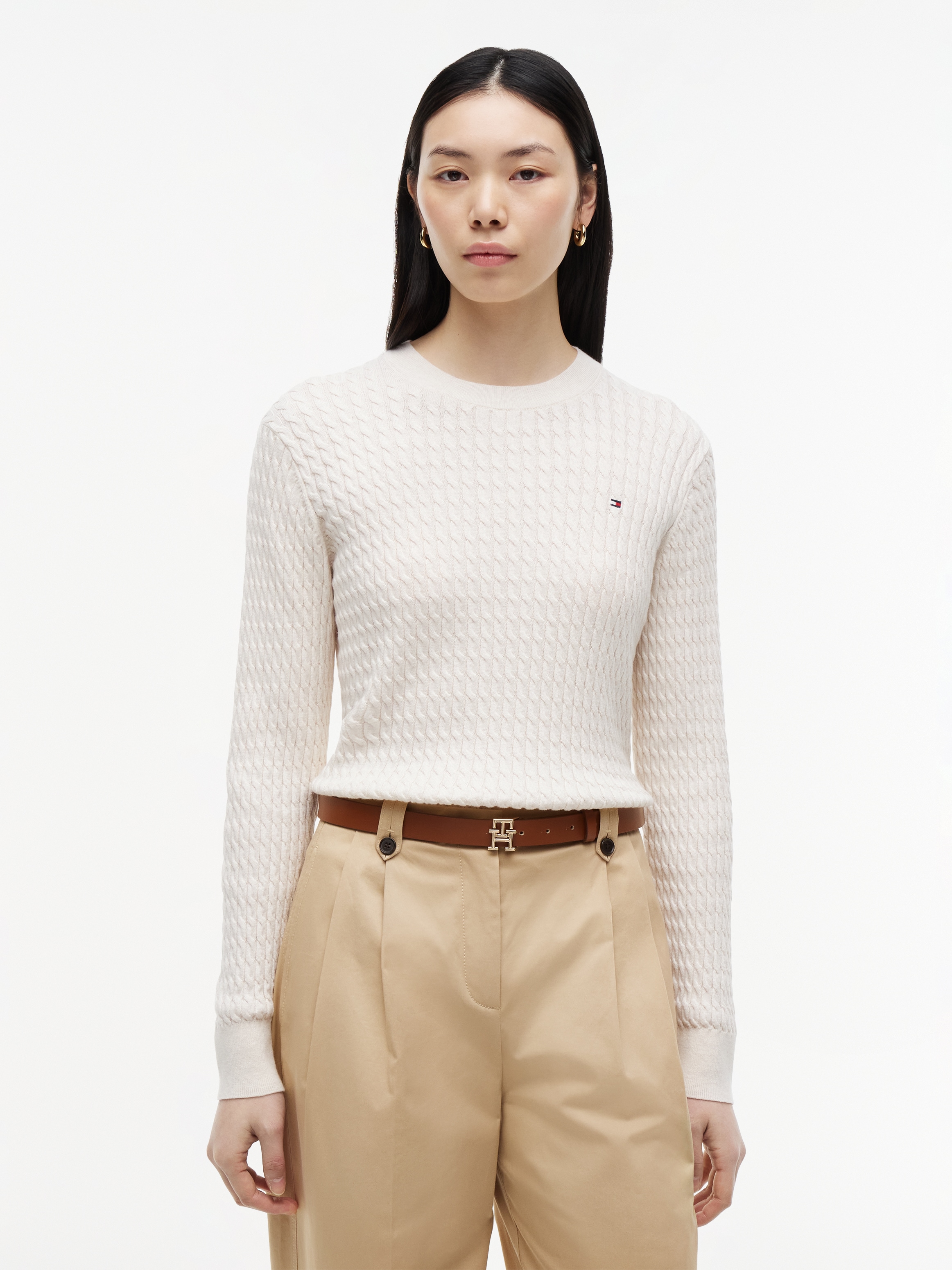 Tommy Hilfiger Rundhalspullover »CO CABLE C-NK LS SWEATER« Baumwolle, mit Zopfmuster, Regular Fit
