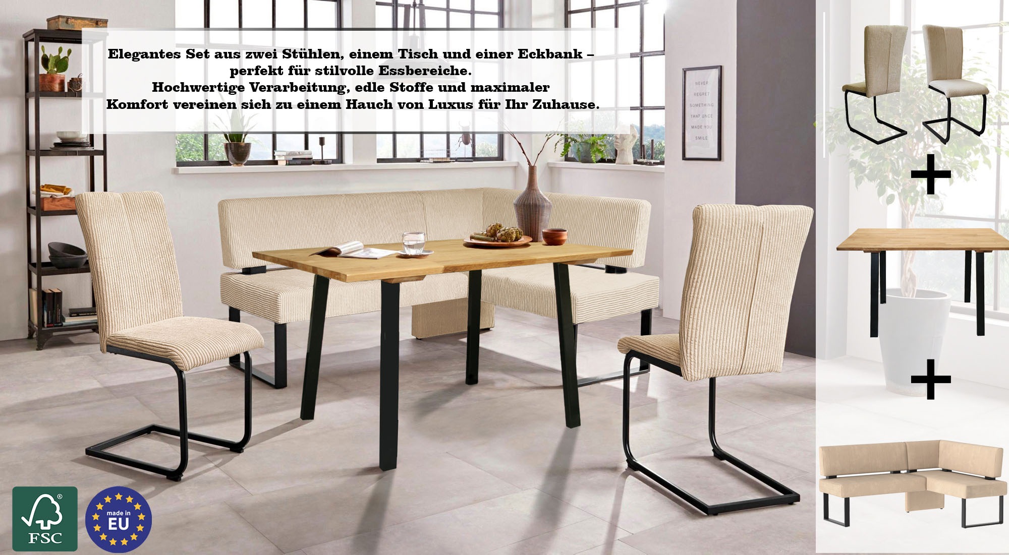 Home affaire Eckbankgruppe »Oliver«, (Set, 4 tlg., 4-tlg), Eckbank mit Wellenunterfederung im Sitz, Tisch Massiv Eiche