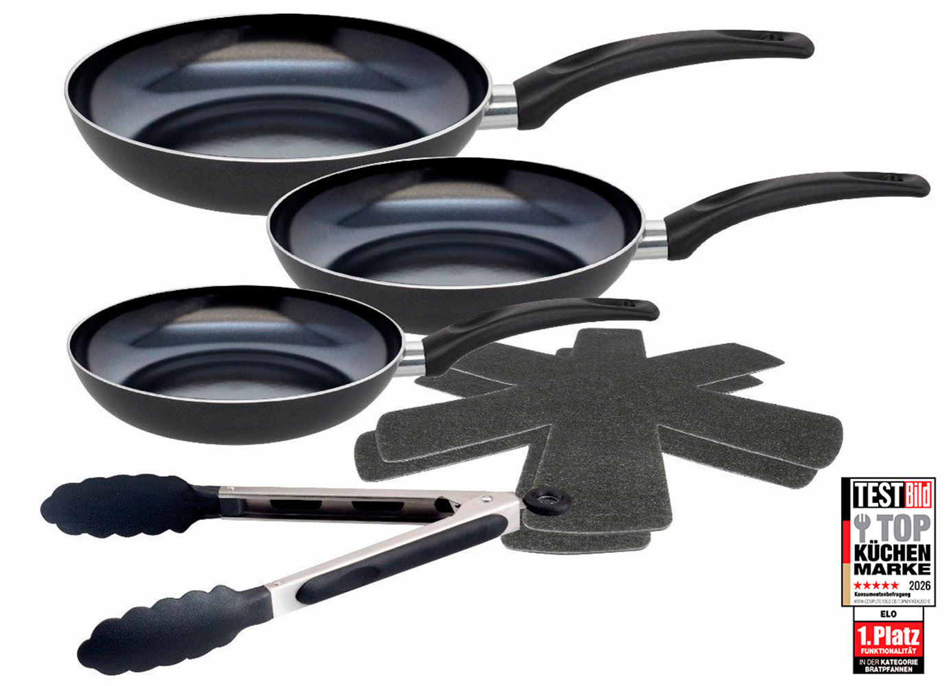 Elo - Meine Küche Pfannen-Set »Prima Cucina 6 teilig« Aluminium Set, 1x Bratpfanne Ø 20/24/28 cm, 1x Grillzange, 2x Stapelschutz, 6 Stk. tlg. Induktion