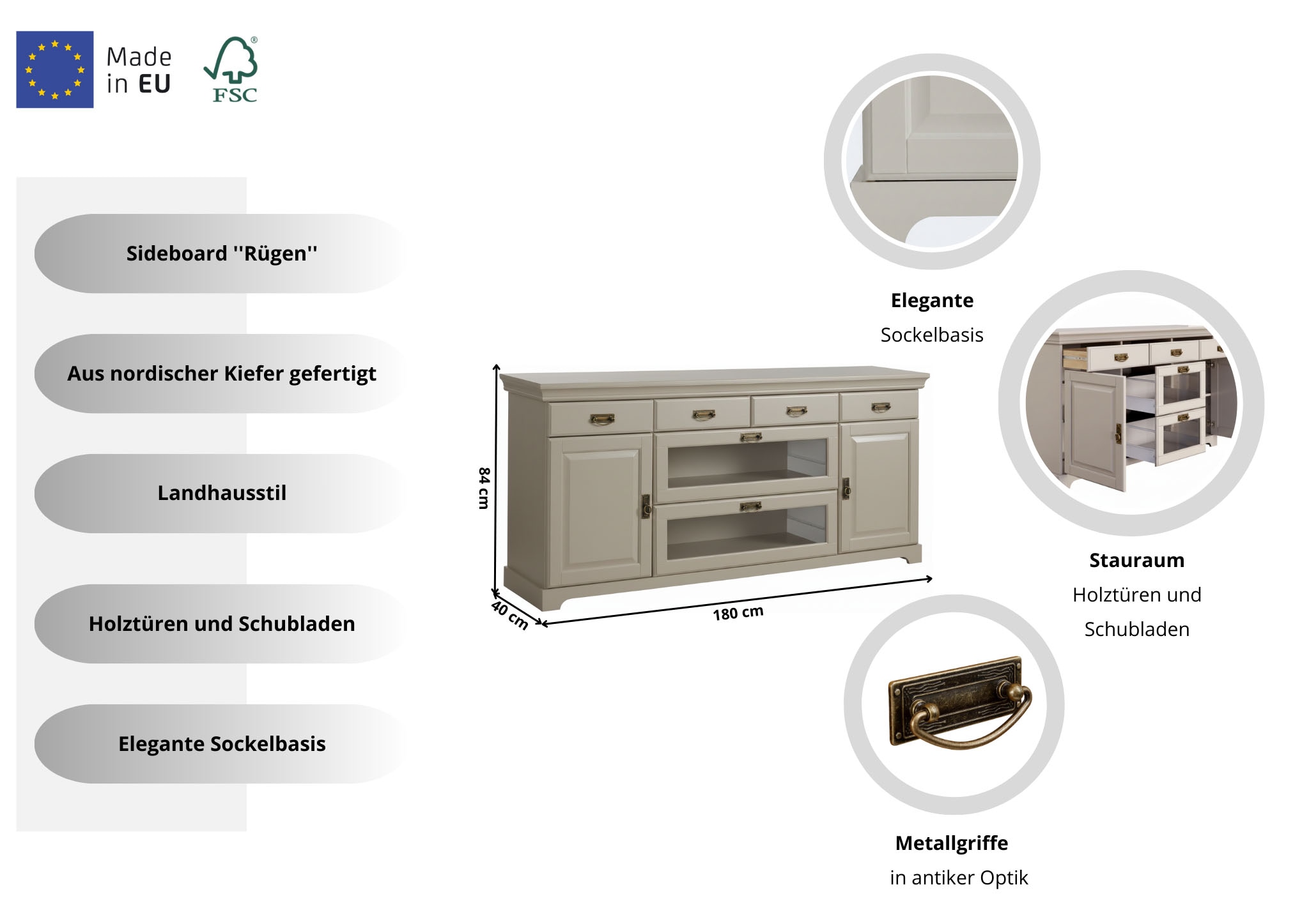 OTTO home Sideboard »Rügen Kommode mit 2 Türen, 6 Schubläden mit Metallringgriffe« aus massiver Kiefer, Schubladen mit Glaseinsatz, natürliche Maserung