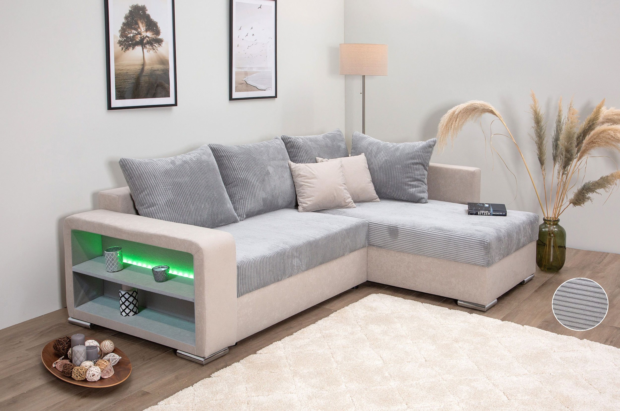 Ecksofa »L-Form«, Regalarmlehne mit LED RGB Beleuchtung,Bettfunktion und Bettkasten