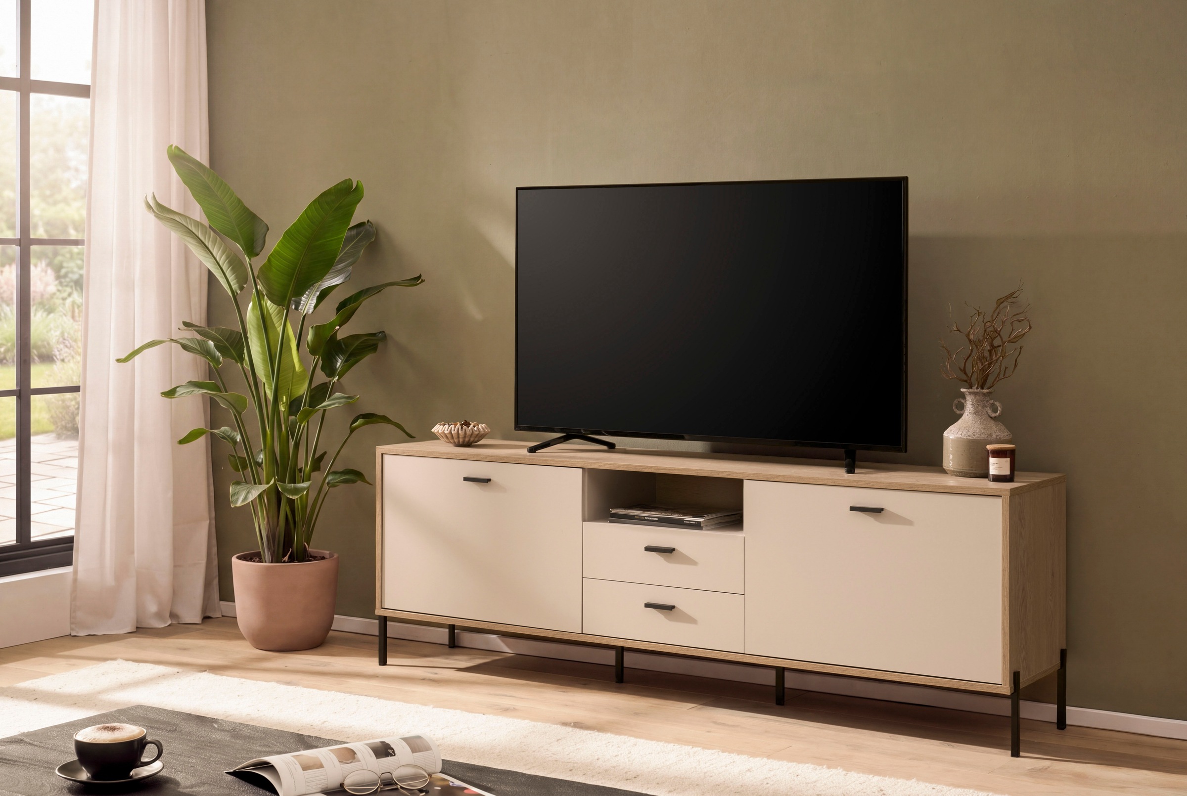 Home affaire Lowboard »Fredericia, TV-Schrank in Kaschmir, moderner TV-Unterschrank, Kommode« zeitlos, schwarze Metallgriffe und -füße, ausreichend Stauraum