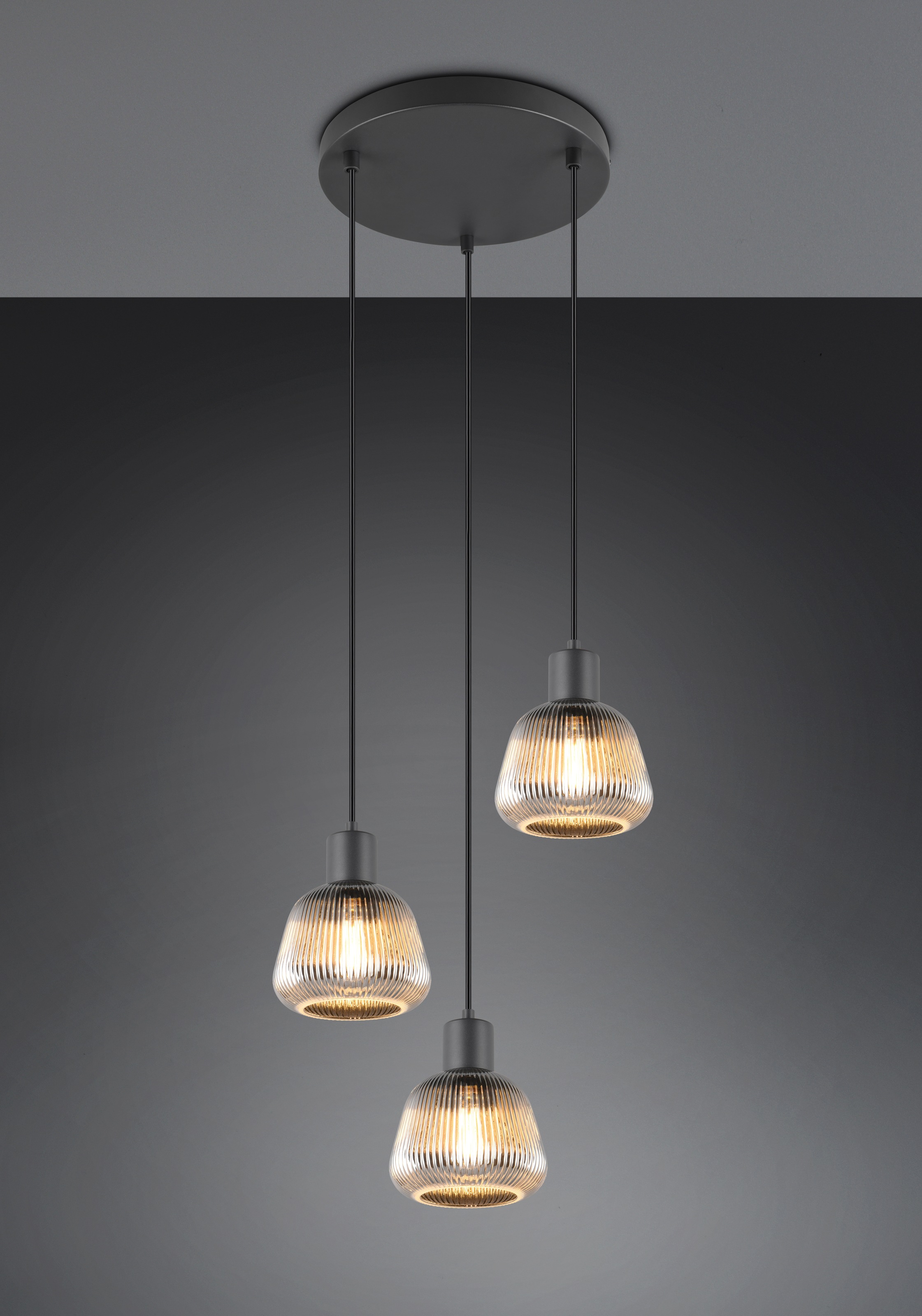 TRIO Leuchten Pendelleuchte »TARIFA, 3-flammige Hängeleuchte exkl 3xE27 max 25W, Glas Hängelampe« E27 1 Stk. warmweiß - kaltweiß höhenverstellbar max 150cm Glas in Riffeloptik und leicht verspiegelt