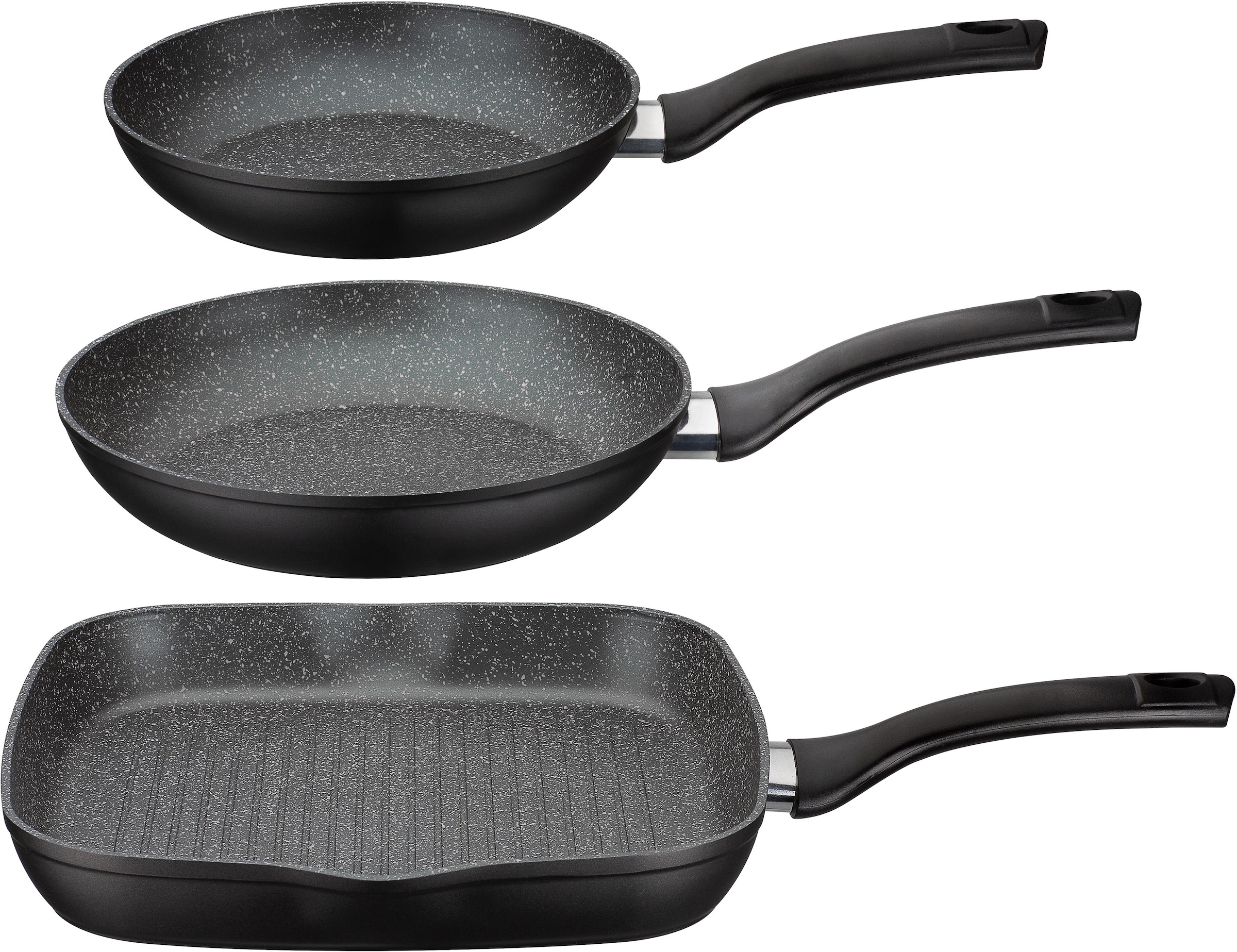 GSW Pfannen-Set »Gourmet Granit« Aluminium Set, 1x Bratpfanne Ø 20 cm, 1x Bratpfanne Ø 24 cm, 1x Grillpfanne Ø 28 cm, 4 Stk. tlg. Induktion