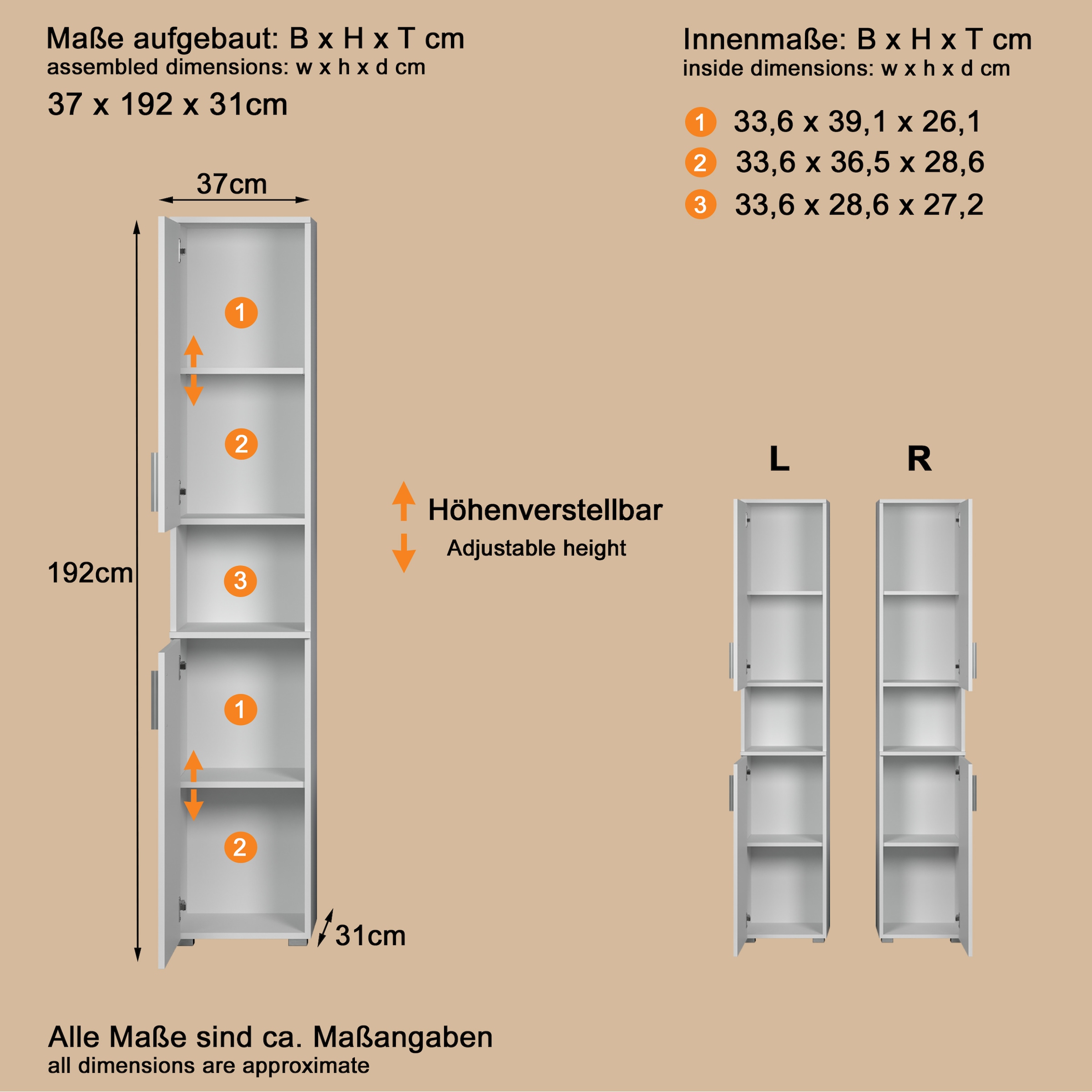 welltime Hochschrank »Prag« 1 Stk. tlg. Hochschrank mit 2 Türen & 1 Fach - (B/T/H) 37/31/192 cm