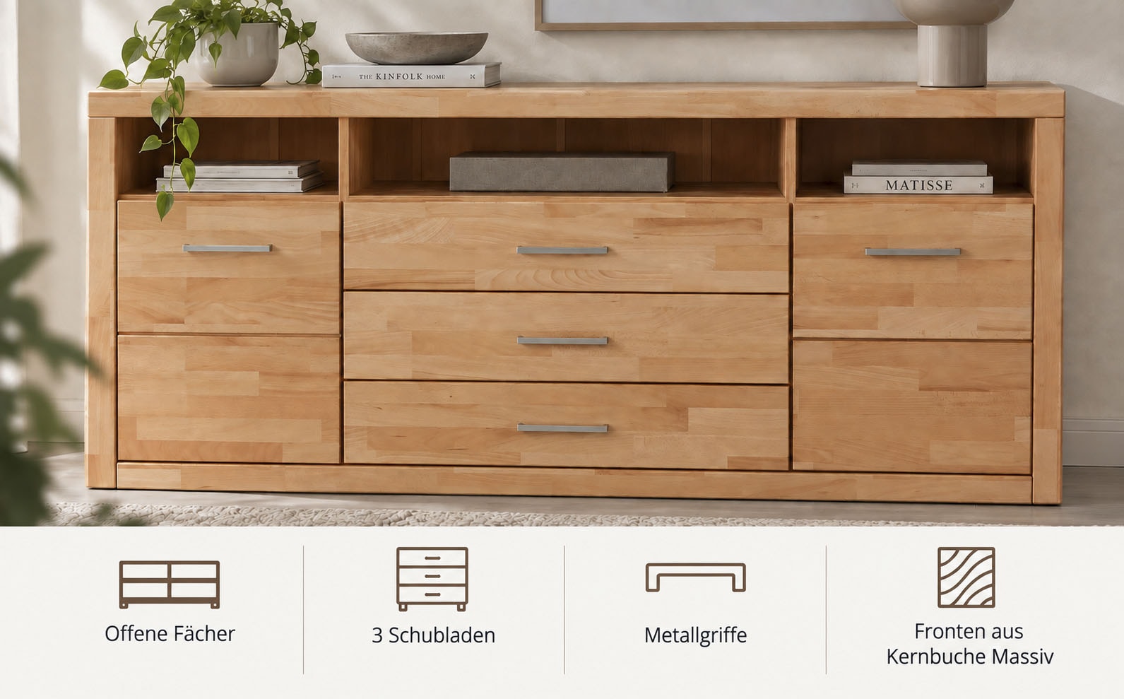 OTTO home Sideboard »Ribe,180cm breit, Fronten Massivholz,7 Fächer« Holz massiv, Holzwerkstoff, Metall Griffe,2Türen,3Schubladen