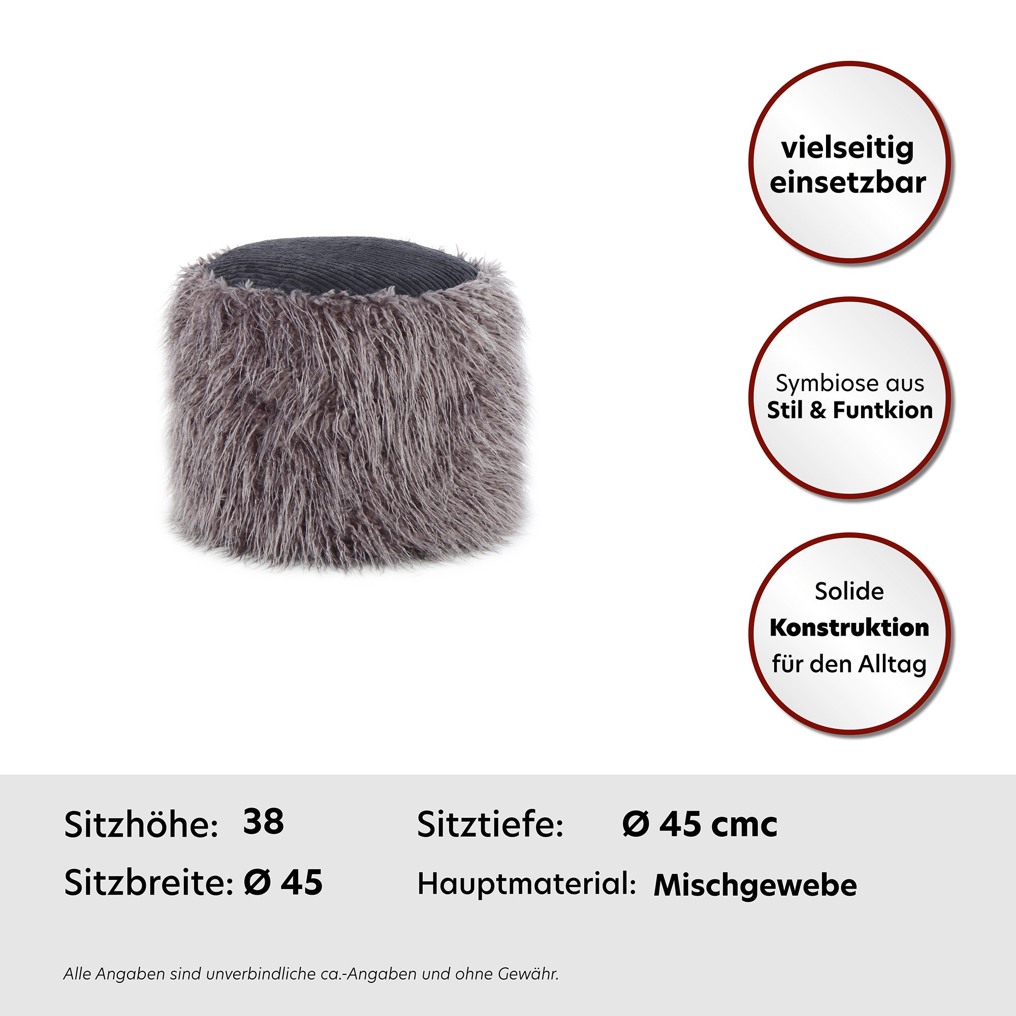 Kayoom Pouf »Fellpouf Bobtail 125, Fellhocker in zweifarbigem Design«, (1 St.), modern, dekorativ, kindersicherer Reißverschluss an der Unterseite