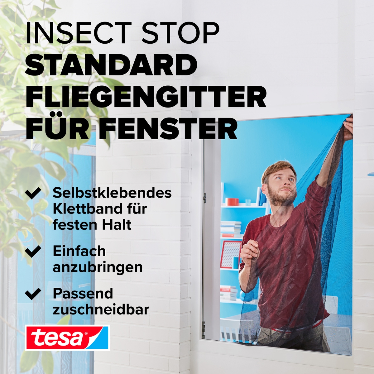 tesa Insektenschutz-Fensterrahmen »Insect Stop Standard Fliegengitter für Fenster - 1.1 m :1.3 m«, Insektenschutzgitter -Fliegenetz ohne Bohren -zuschneidbar