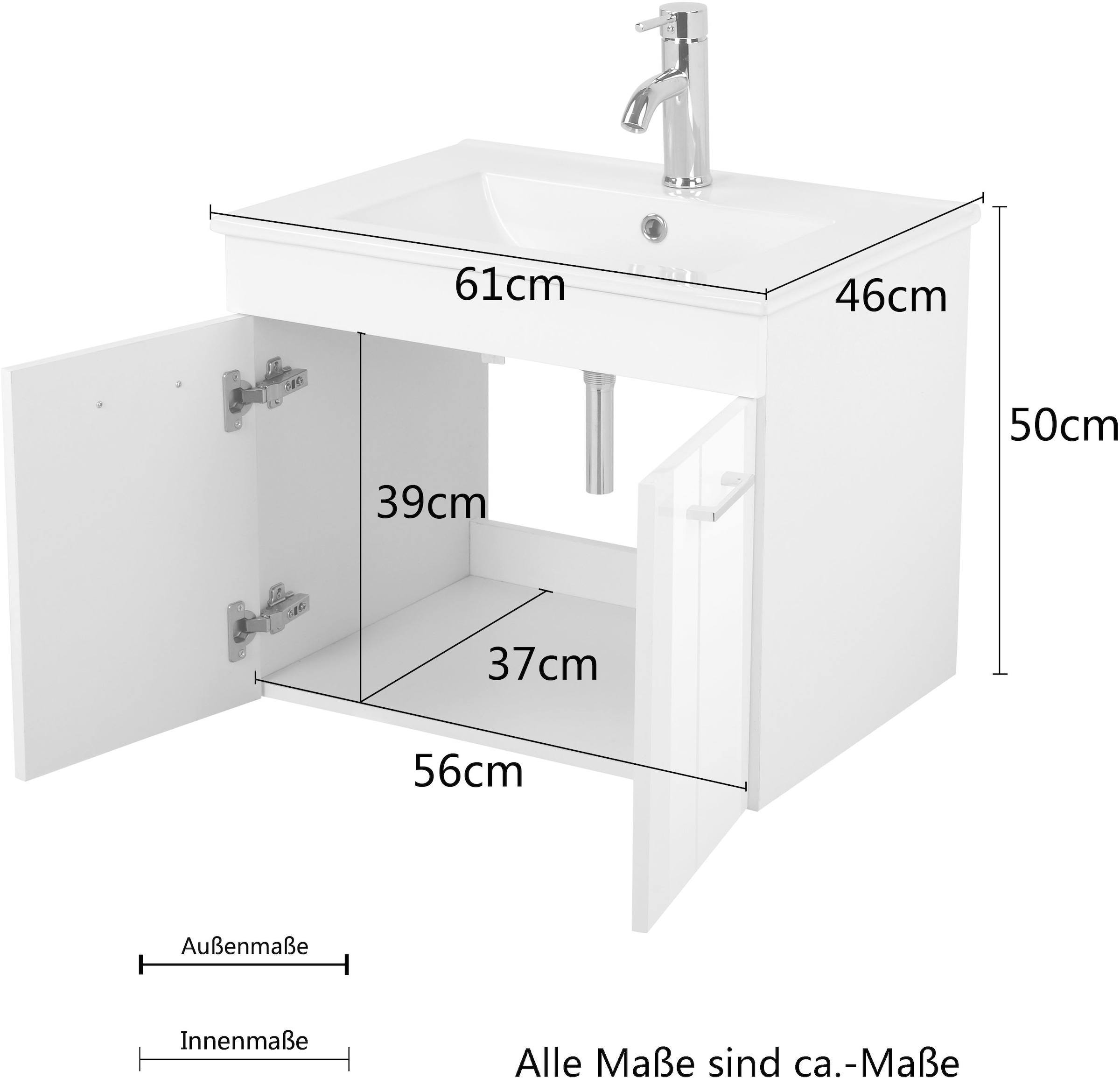 welltime Waschtisch »Florenz, Breite 60cm, 2 Tür, 2 Fächer, MDF-Front«, Waschplatz mit 2 Türen,in verschiedenen Farben erhältlich, Badmöbel