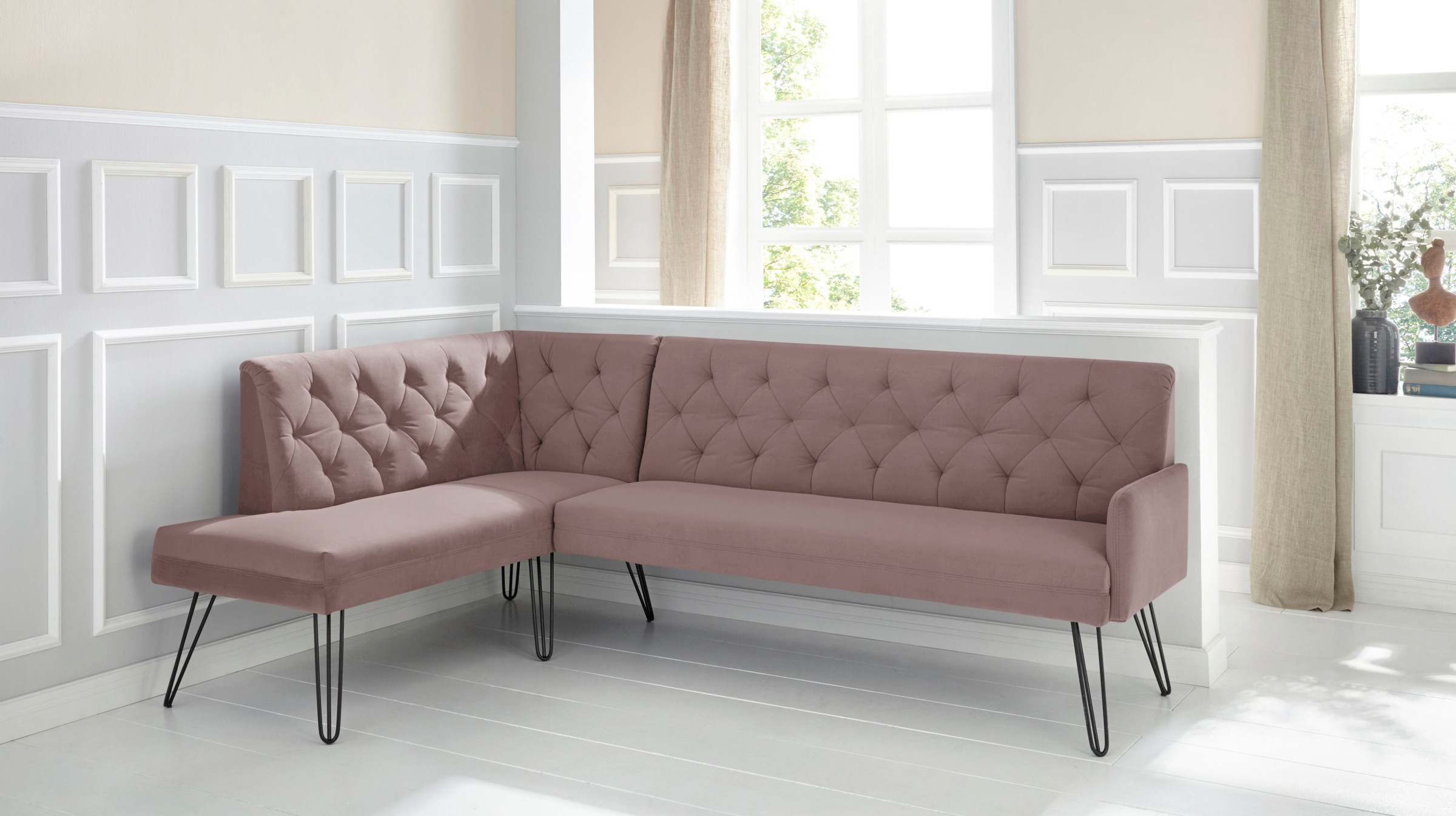 exxpo - sofa fashion Eckbank »Doppio, Chesterfield Optik, komfortabel und bequem, hohe Designfüße«, Frei im Raum stellbar