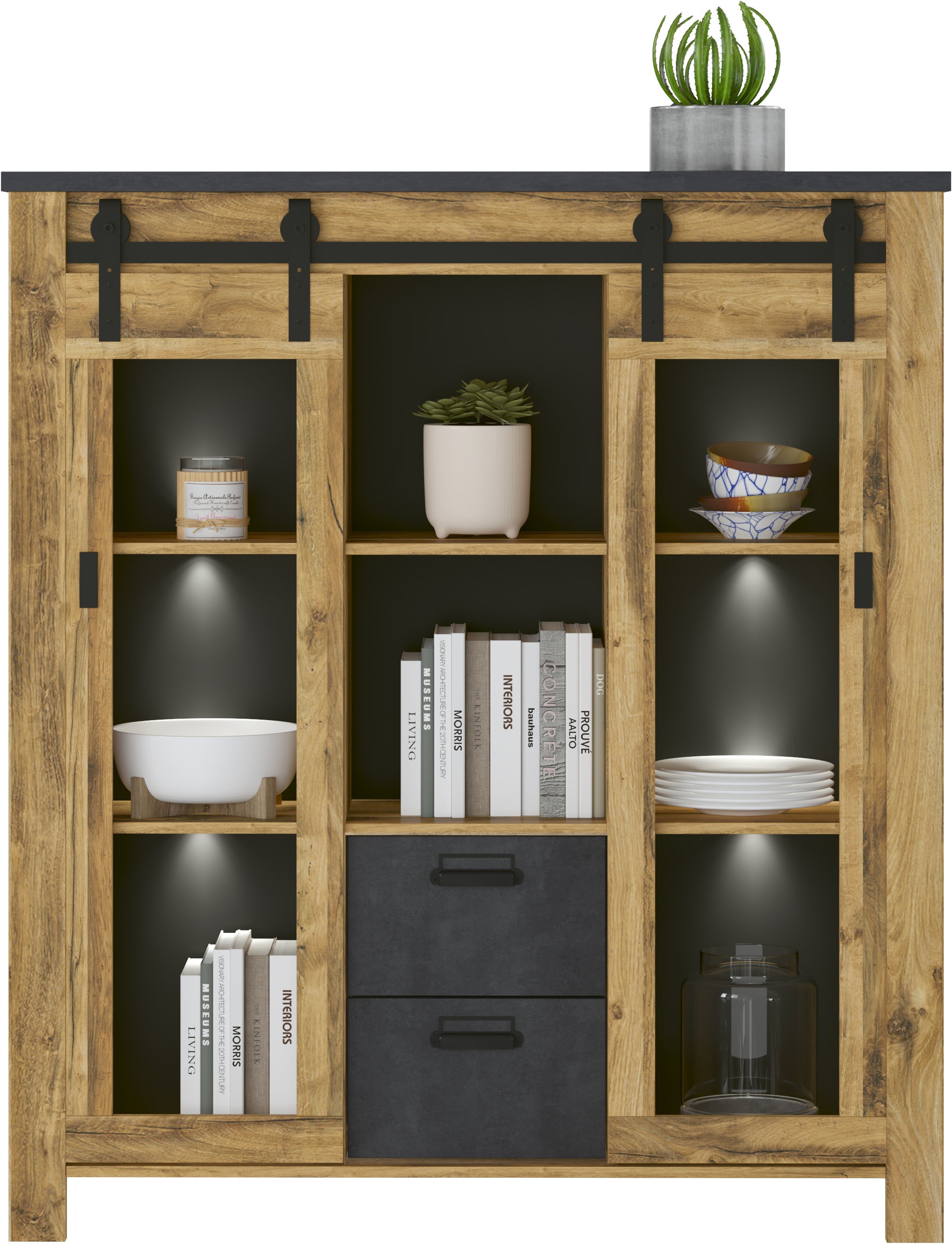 Home affaire Highboard »York, moderner Hochschrank, Vitrine in Hunton Oak, Industrialdesign«, mit Scheunentorbeschlägen & Apothekergriffen aus Metall, 150 cm hoch
