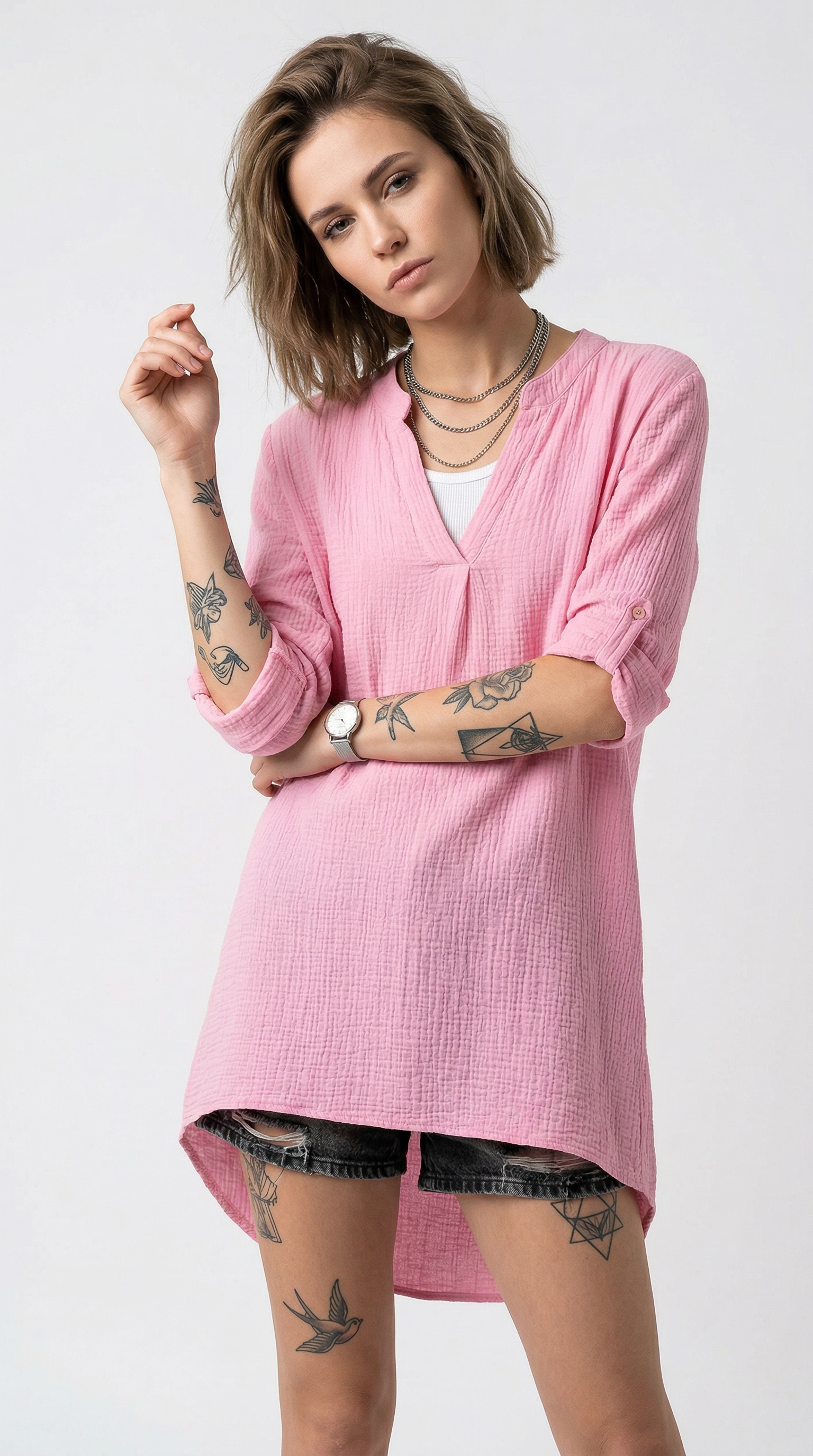 Zwillingsherz Schlupfbluse »"Rom"« verlängerte Rückenpartie, V-Neck, Turn-Up Ärmel, Musselin