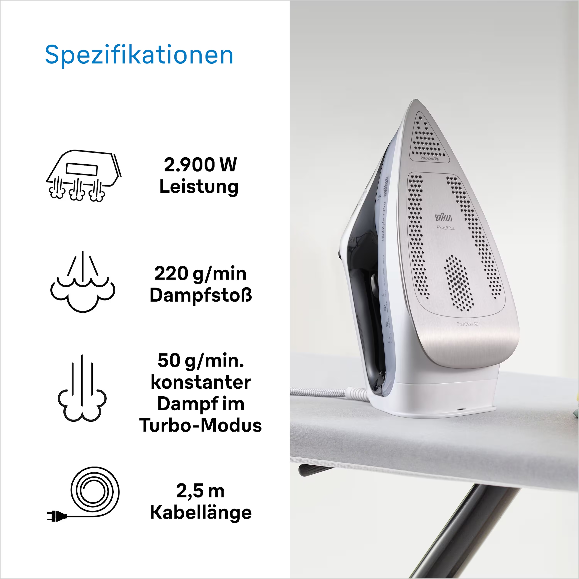 Braun Dampfbügeleisen »TexStyle 7 SI 7149 WB - 2.900 W, 220 g Dampfstoß, 300 ml Wassertank«, 2900 W, 50 g Dampfmenge, EloxalPlus Bügelsohle, autom. Sicherheitsabschaltung