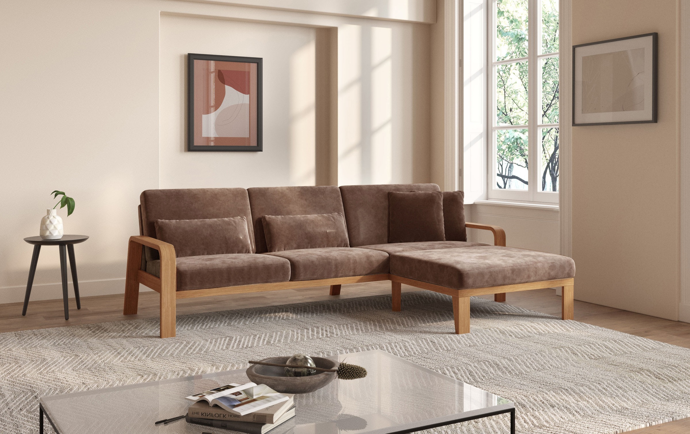 sit&more Ecksofa »Kolding L-Form«, Armlehnen aus eichefarbigem Buchenholz, verschiedene Bezüge und Farben