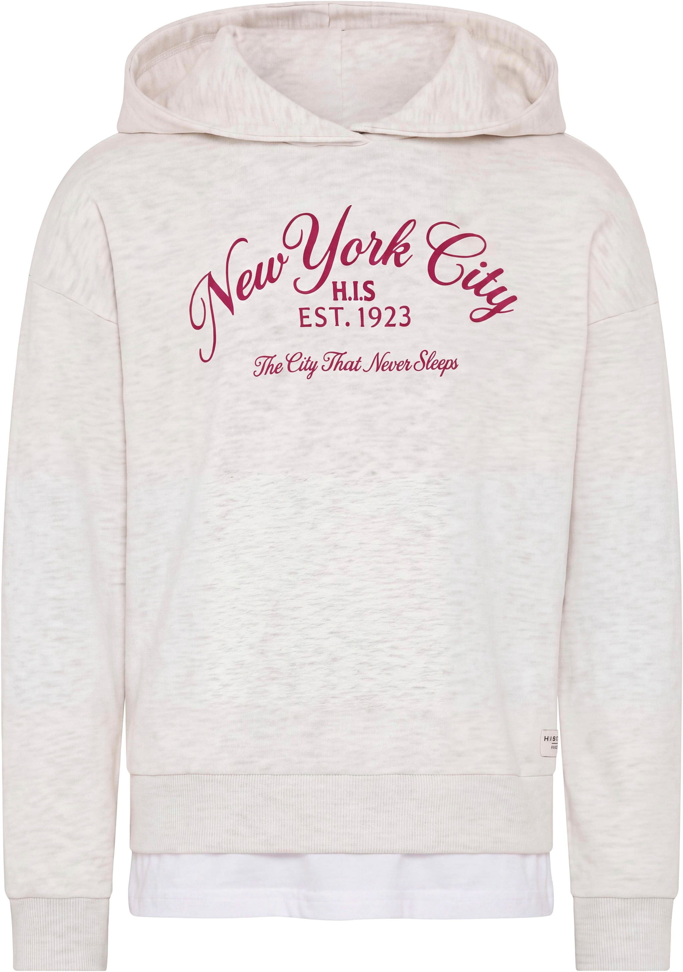 H.I.S Kapuzensweatshirt »2in1 look, H.I.S Sweatshirts mit New York Druck«, Hoodie mit modischem Druck und Badge, in weich angerauter Sweatware
