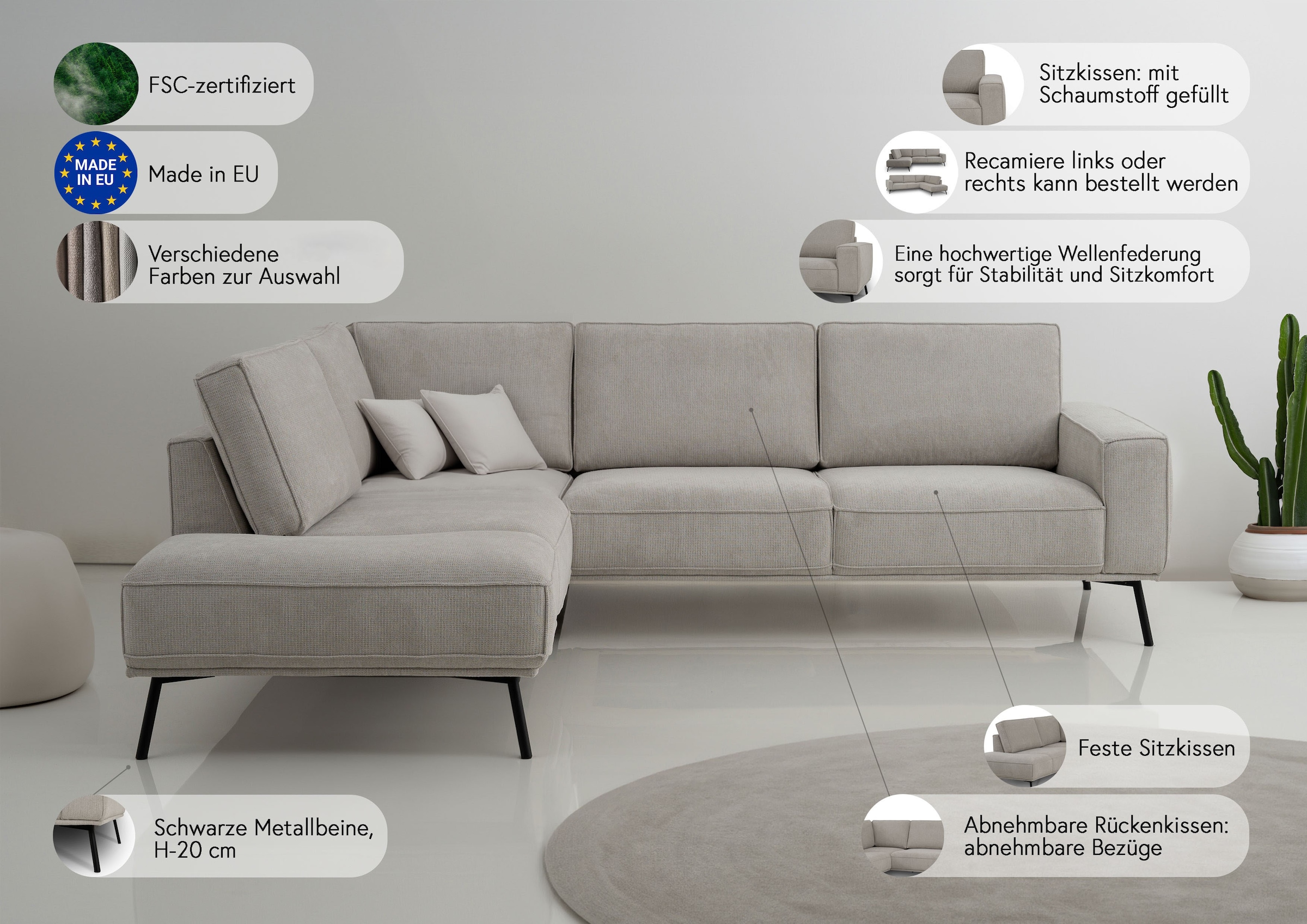 OTTO home Ecksofa »Vosby« 260 cm, Chenille,  mit dekorativer Kedernaht, Wellenunterfederung