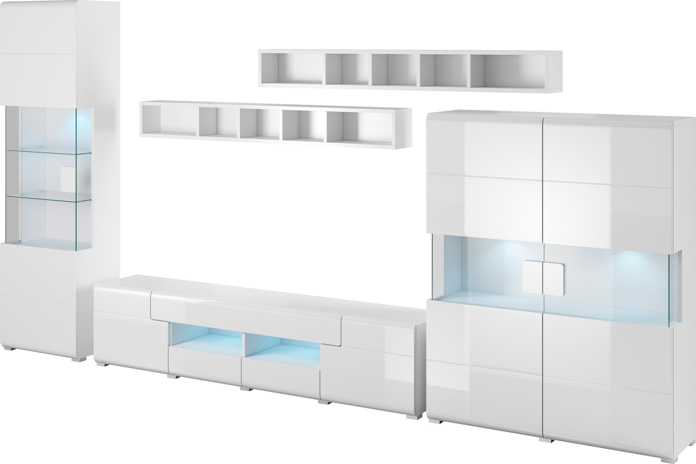 INOSIGN Wohnwand »Toledo,Breite 391cm stilvolle Mediawand ohne Beleuchtung«, (Set, 5 St.), Anbauwand(Vitrine,Lowboard,Highboard,2xHängeregal)MDF Hochglanzfronten